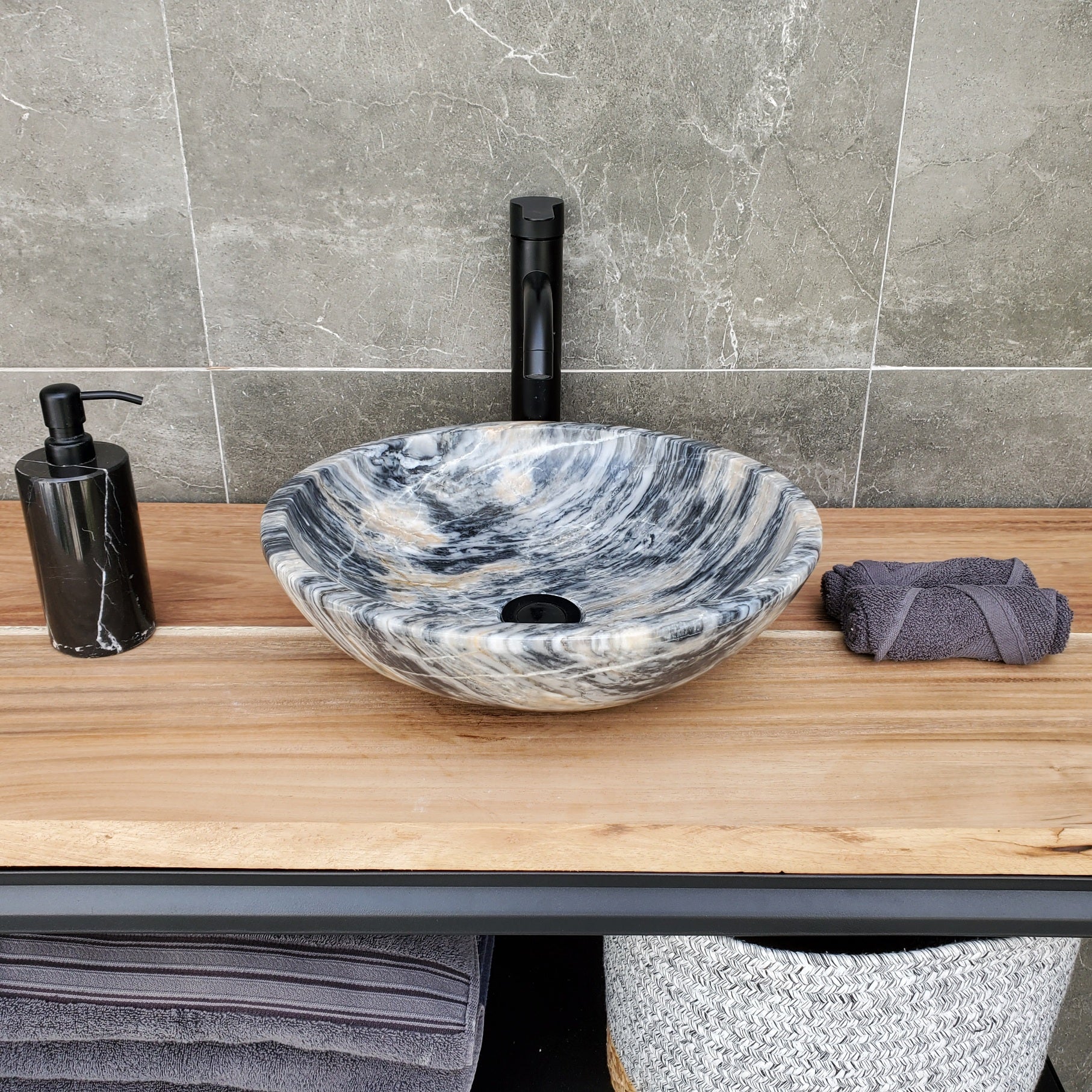 S29_22 Marble Stone Vessel Bathroom Sink (Round)
