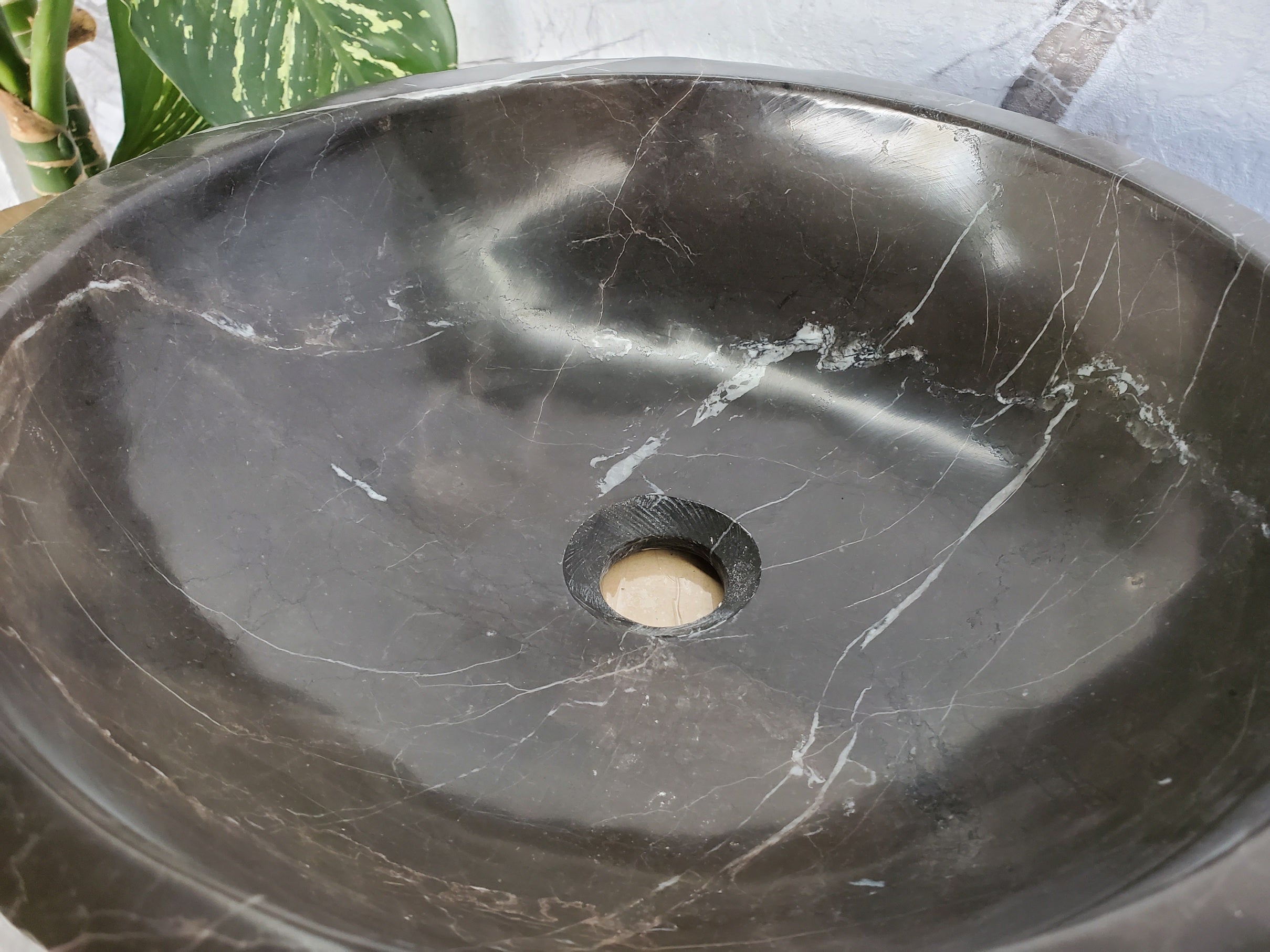 SET3709 Black Marble Vessel Sink Set, Natural Stone Round Bathroom Sinks Bathroom Sinks Featured Marble Sinks pair