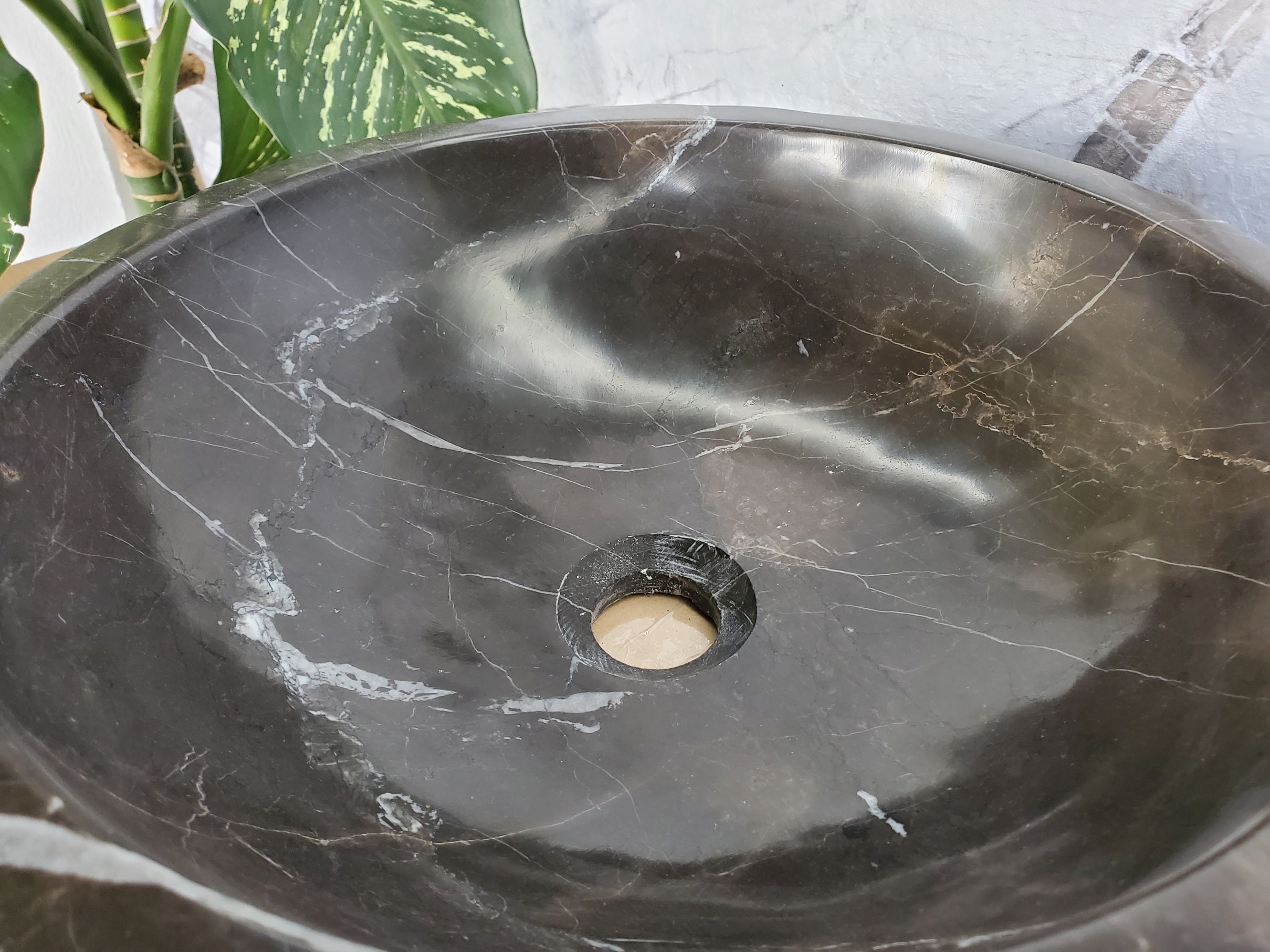 S37_23 Round Black Marble Stone Vessel Bathroom Sink - 16 x 16 inch Marble Sinks Featured Marble Sinks Sinks