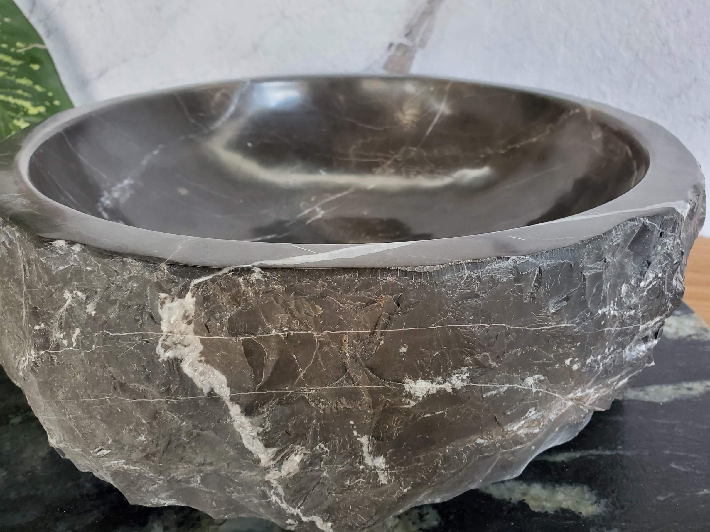 S37_23 Round Black Marble Stone Vessel Bathroom Sink - 16 x 16 inch Marble Sinks Featured Marble Sinks Sinks