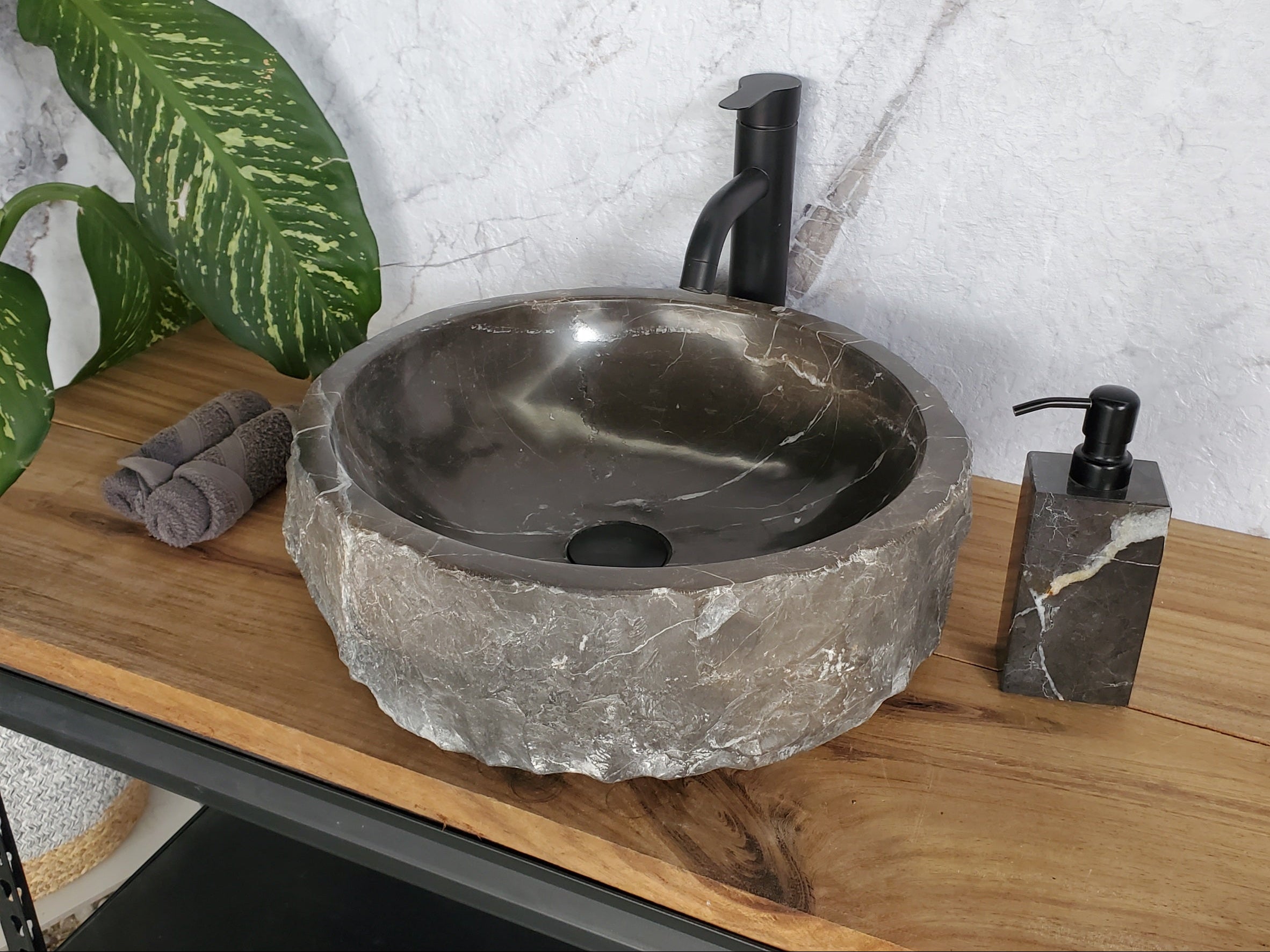 S37_24 Round Black Marble Stone Vessel Bathroom Sink Featured Marble Sinks Sinks