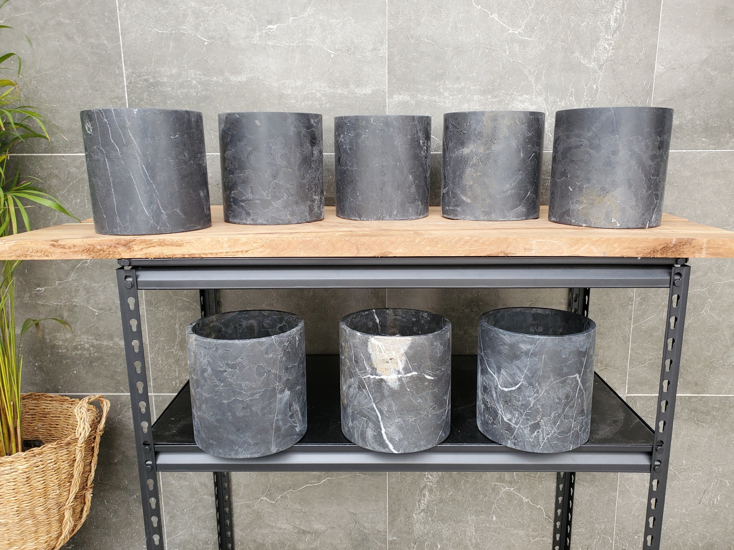 WB_11RD Black Marble Stone Waste Basket - Matte Finish