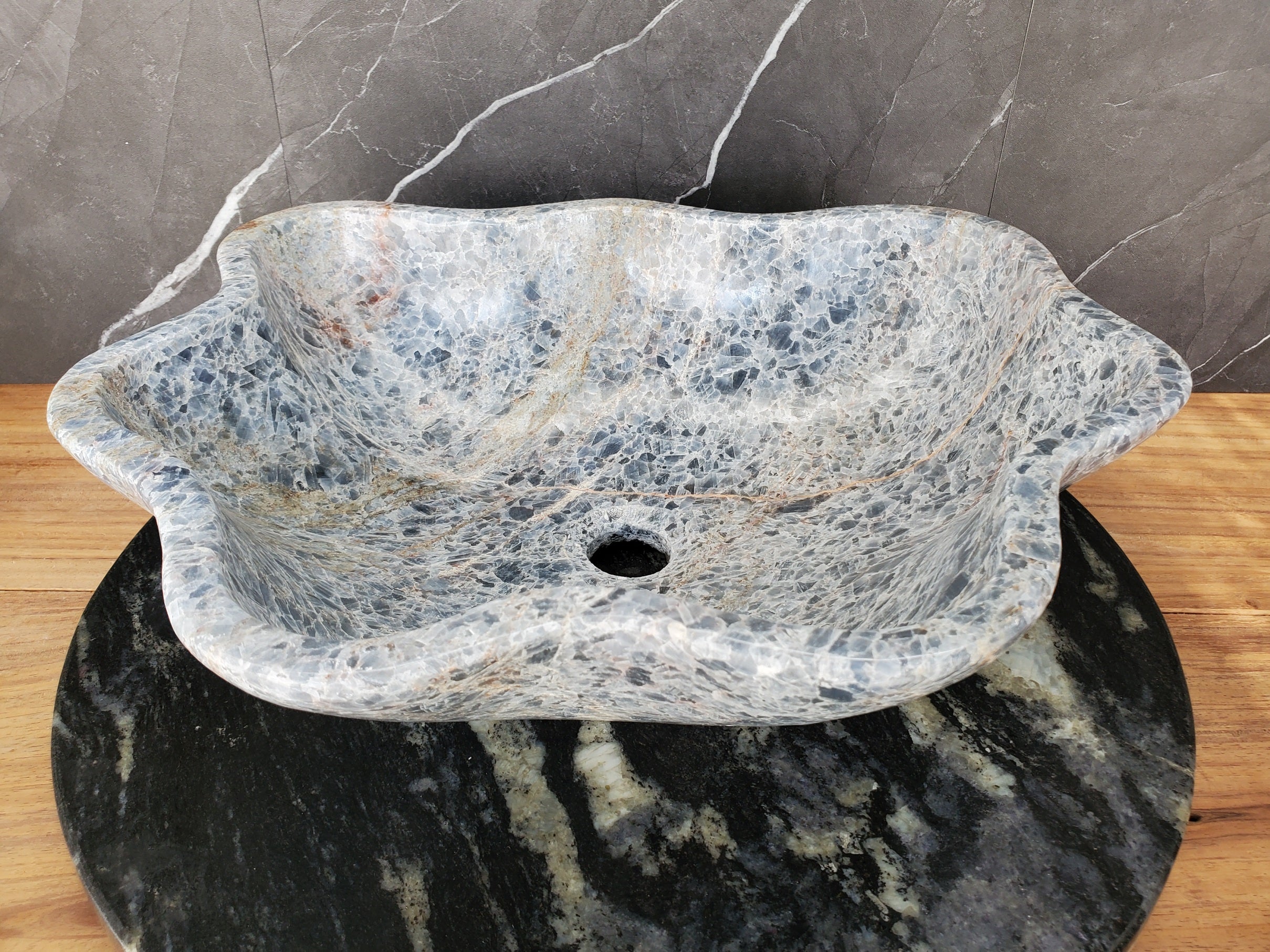 S34_13 Fluorite Wavy Stone Vessel Sink - 15.5 x 15.5 inch