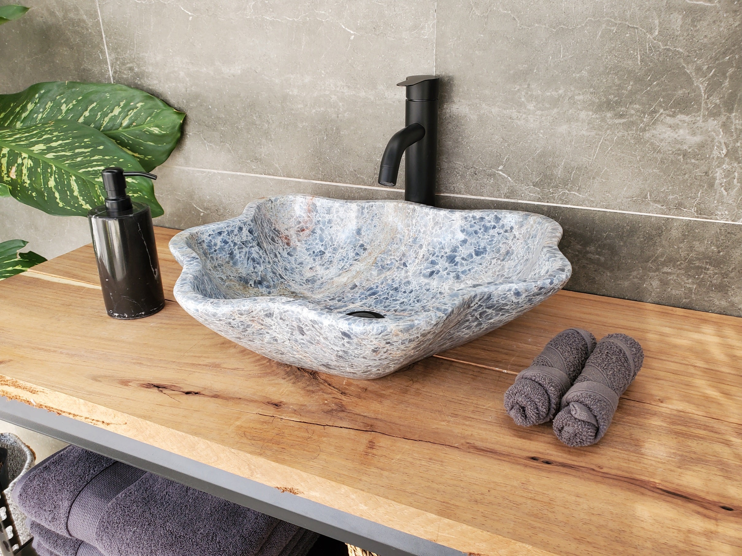 S34_13 Fluorite Wavy Stone Vessel Sink - 15.5 x 15.5 inch