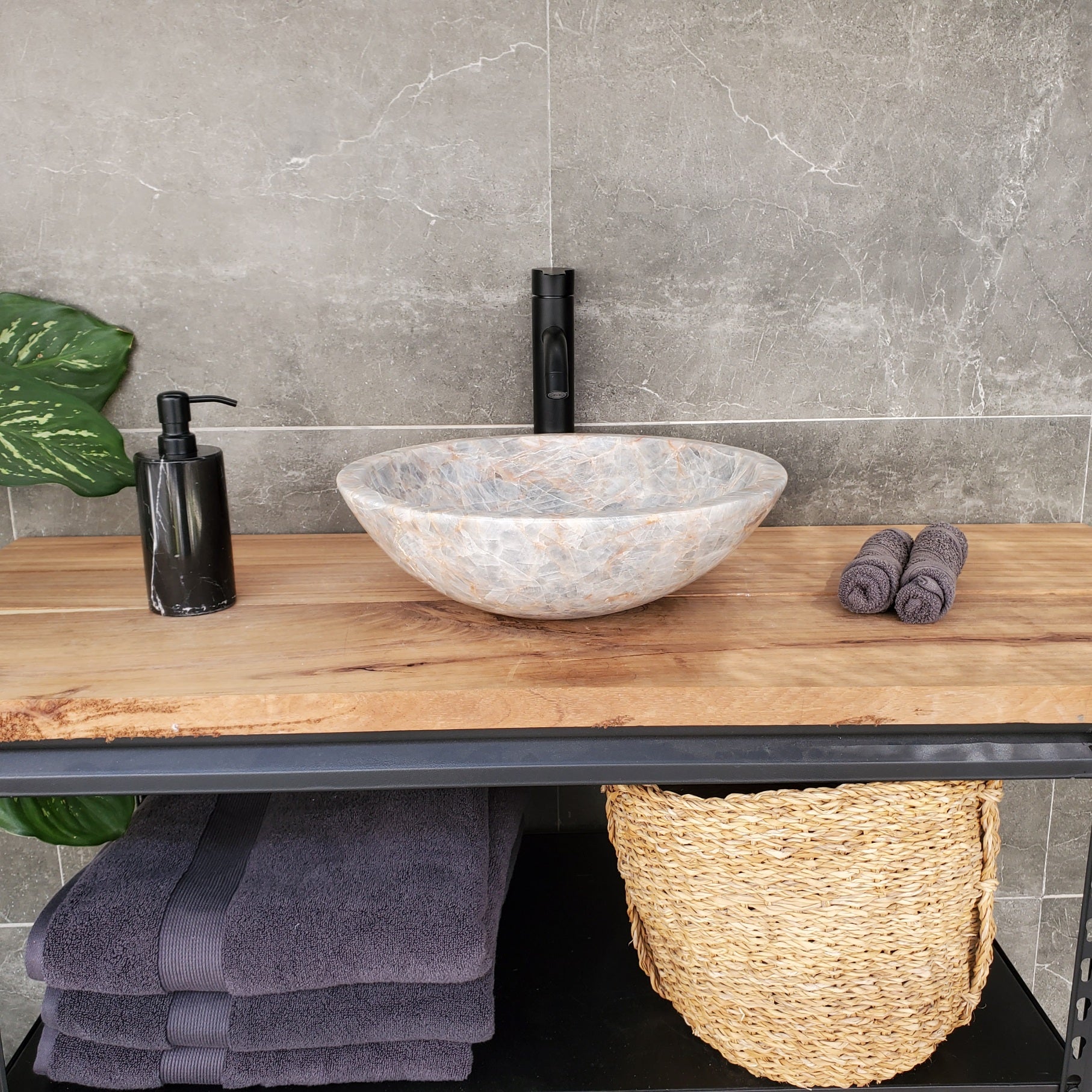 S34_12 Fluorite Stone Round Vessel Sink - 15.5 x 15.5 inch