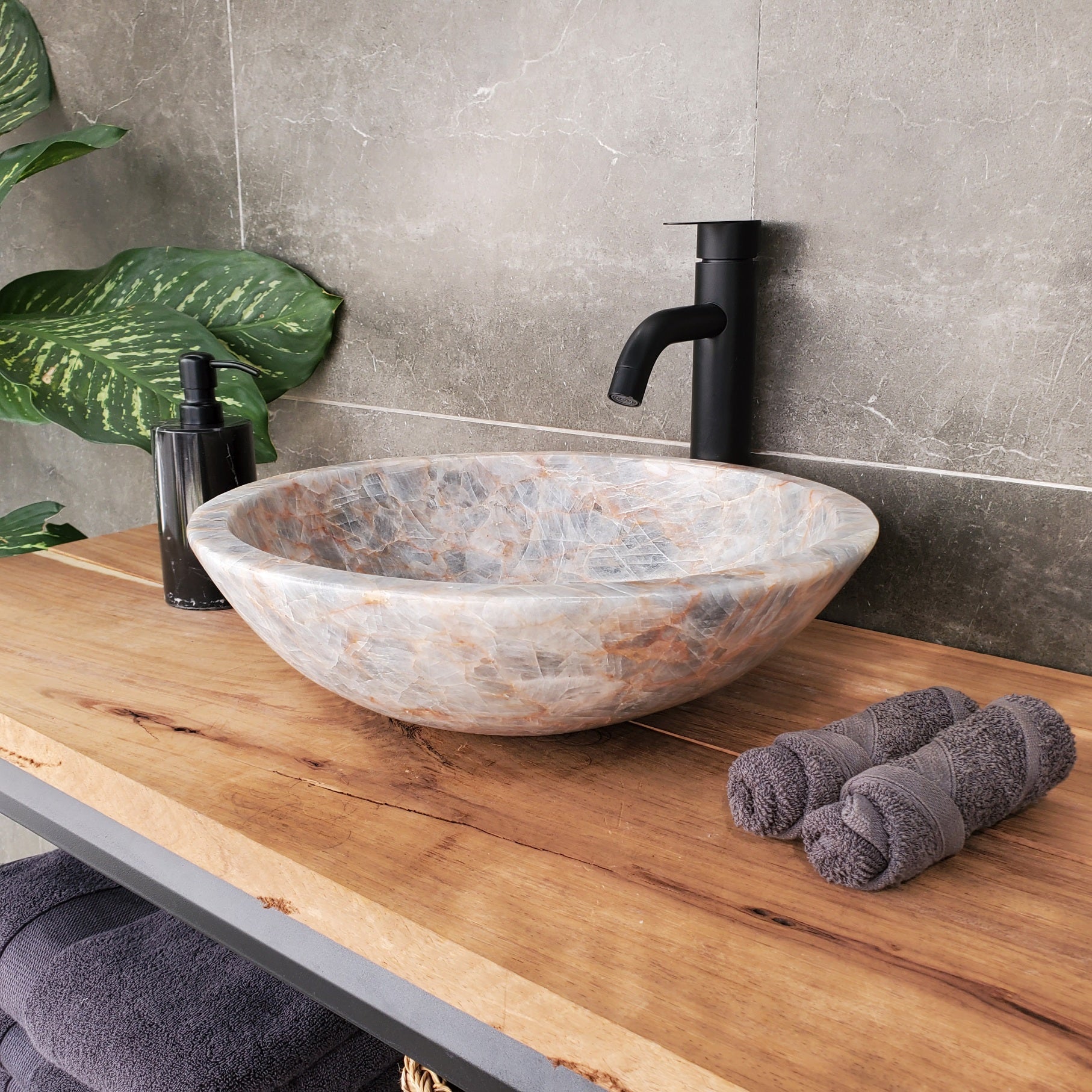 S34_12 Fluorite Stone Round Vessel Sink - 15.5 x 15.5 inch