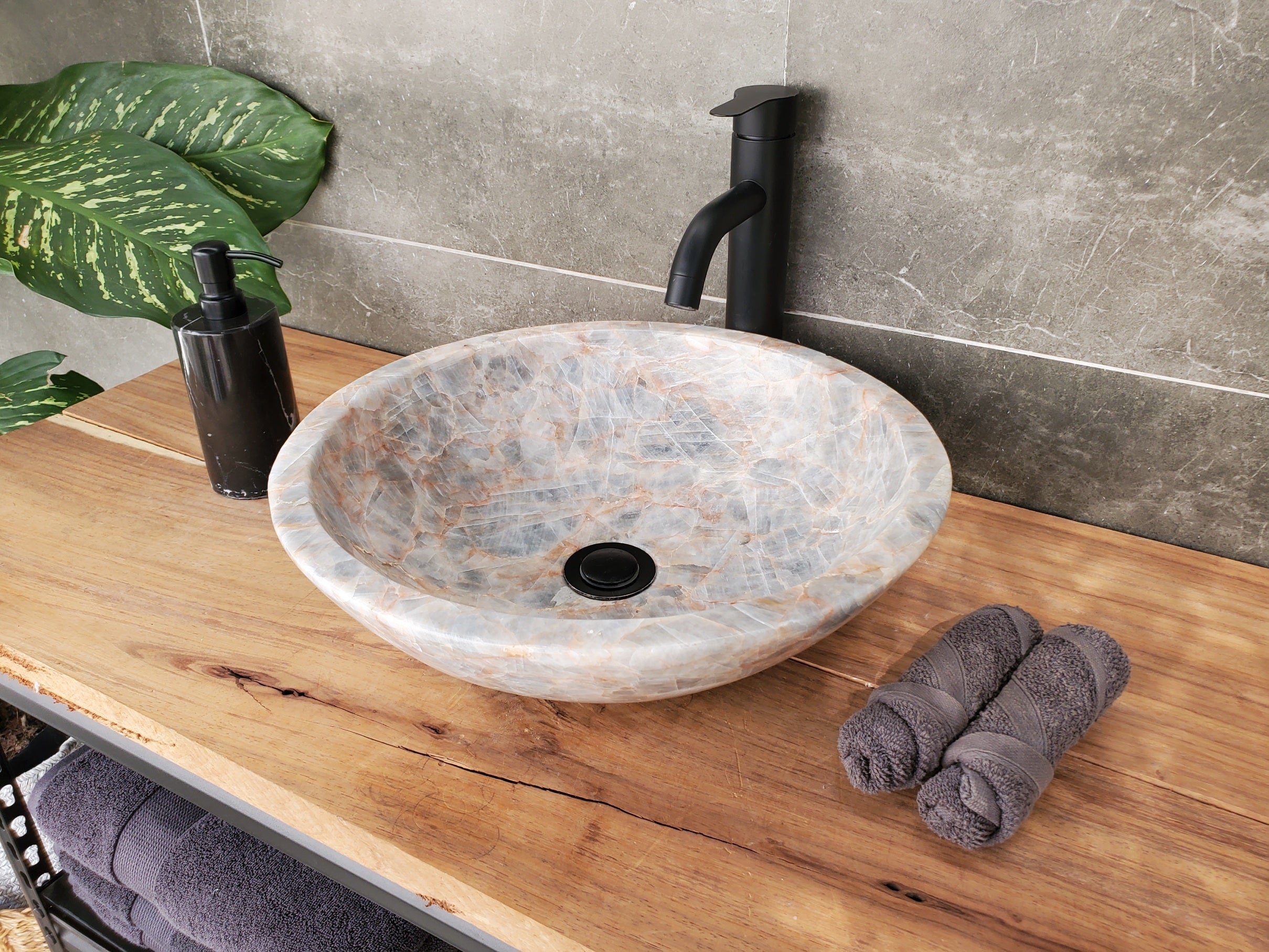 S34_12 Fluorite Stone Round Vessel Sink - 15.5 x 15.5 inch