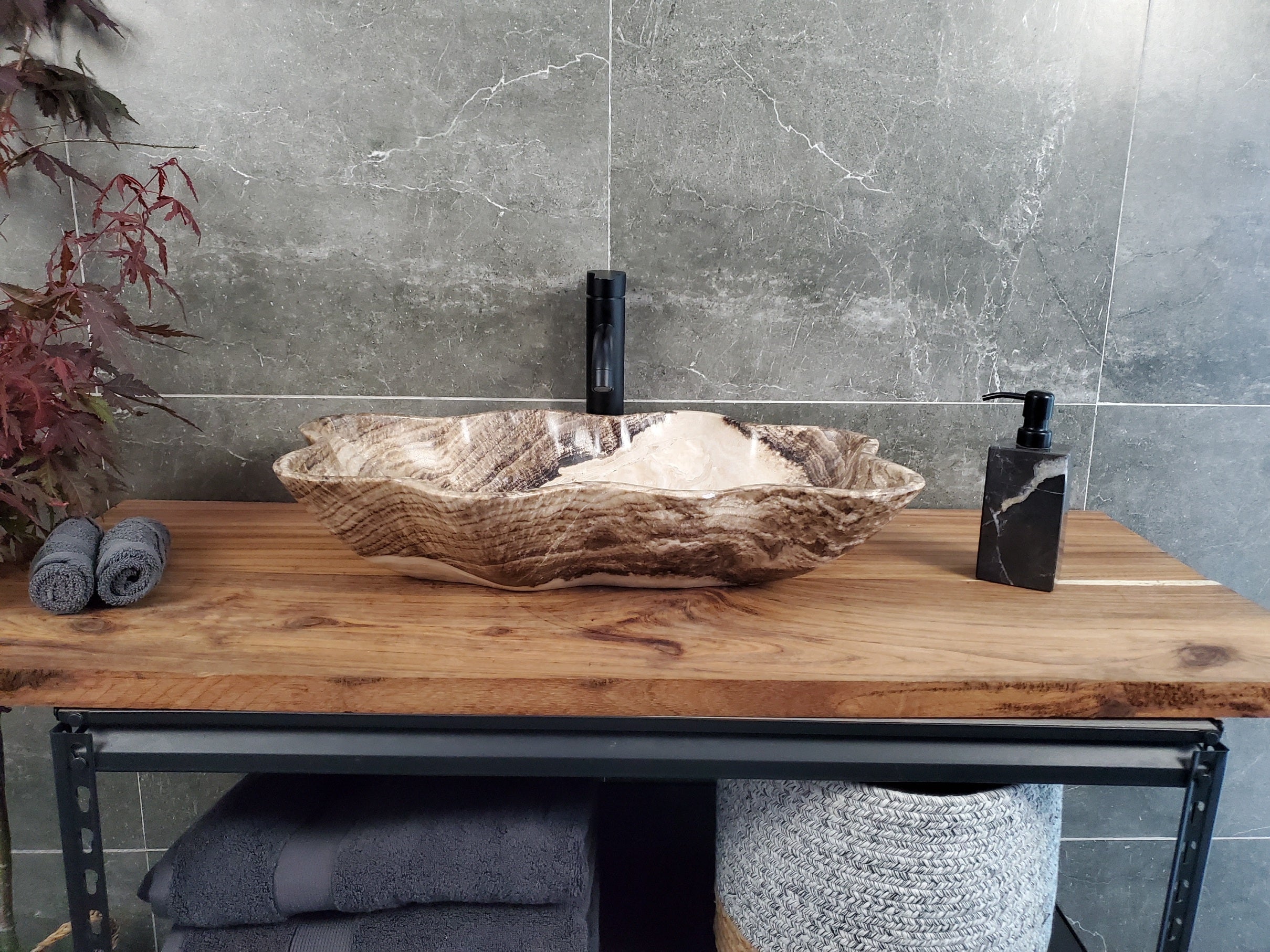 Brown Onyx Vessel Sink, 24x15 Inch Natural Stone Countertop Basin, Polished Luxury Vanity Sink, Spa Bathroom Decor S40_25