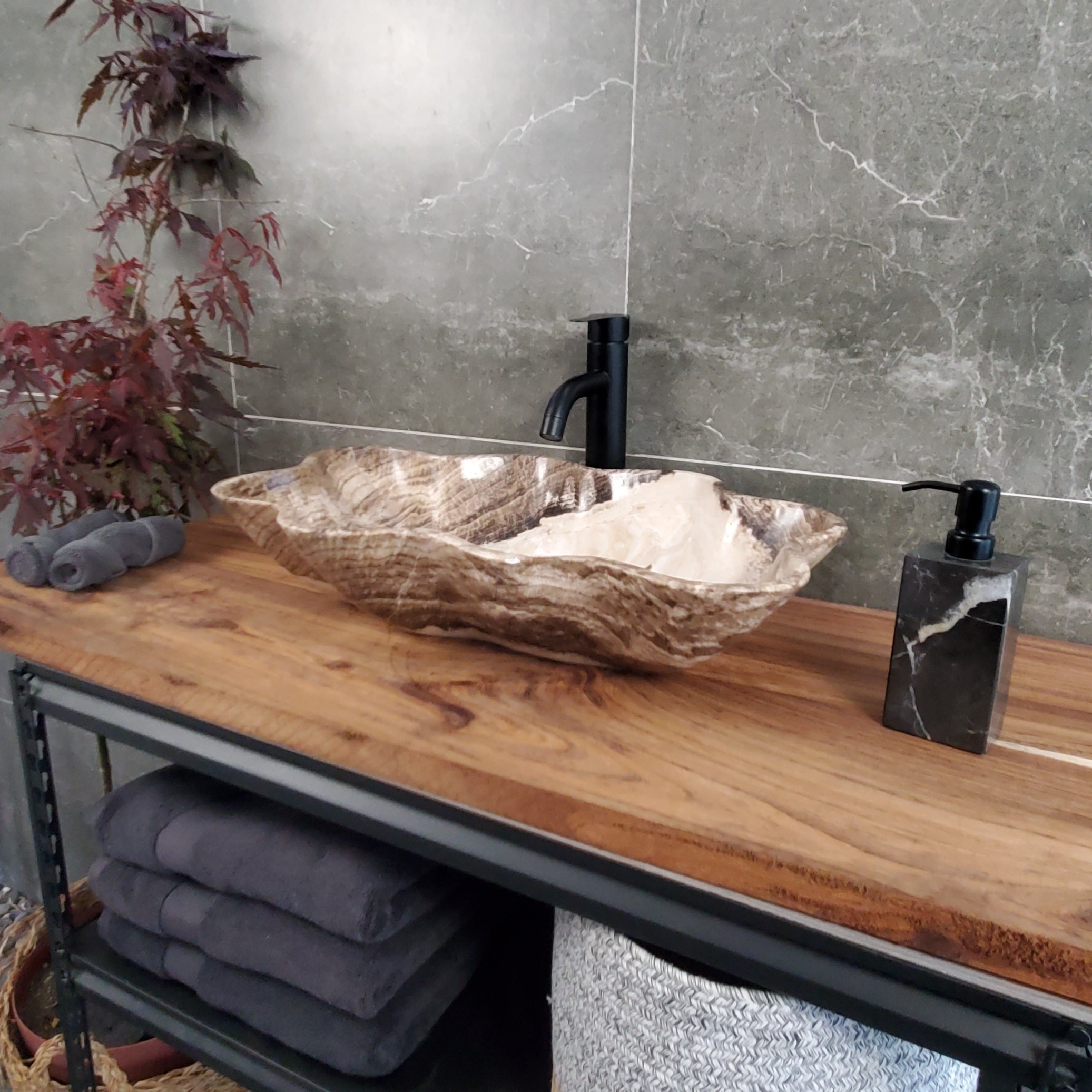 Brown Onyx Vessel Sink, 24x15 Inch Natural Stone Countertop Basin, Polished Luxury Vanity Sink, Spa Bathroom Decor S40_25