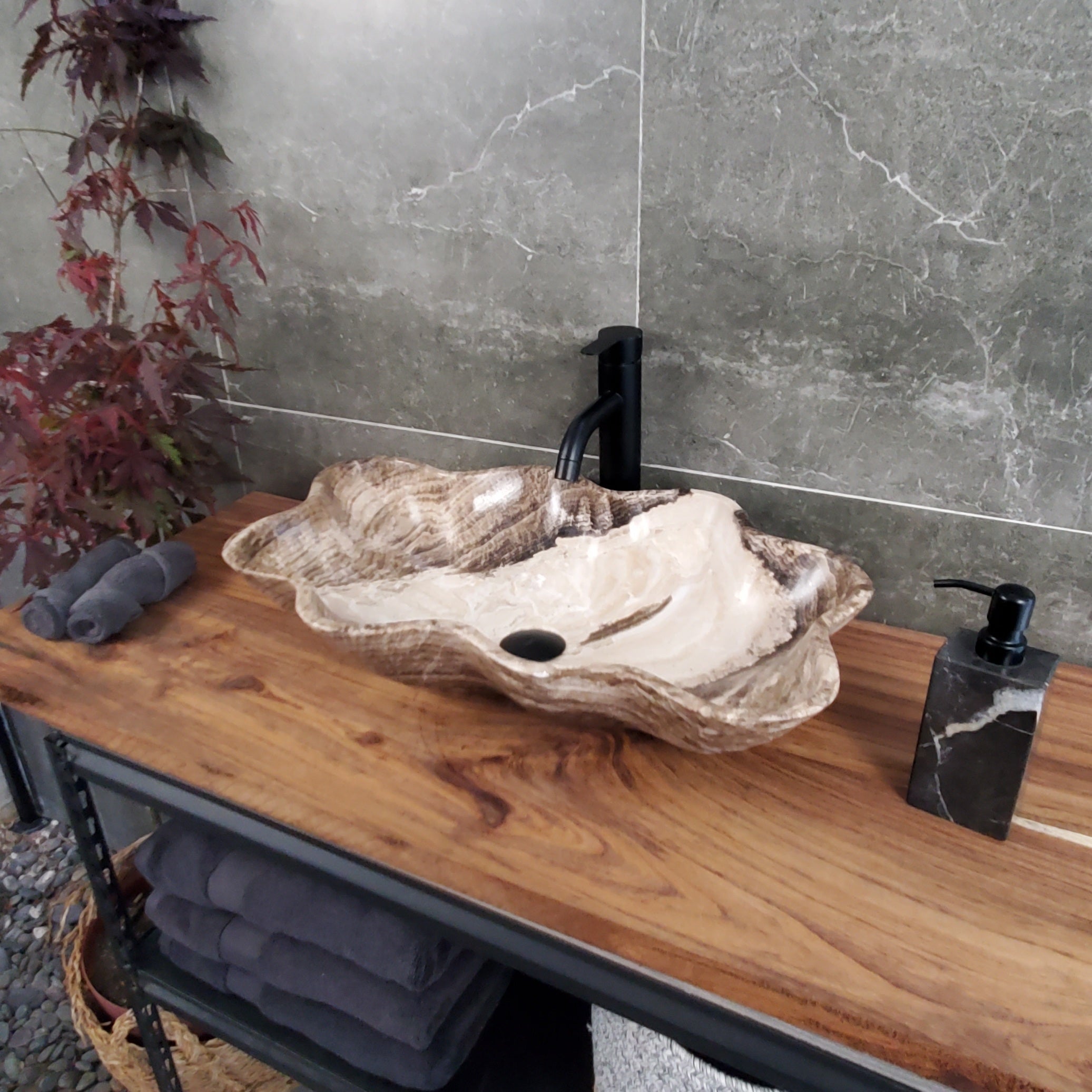 Brown Onyx Vessel Sink, 24x15 Inch Natural Stone Countertop Basin, Polished Luxury Vanity Sink, Spa Bathroom Decor S40_25