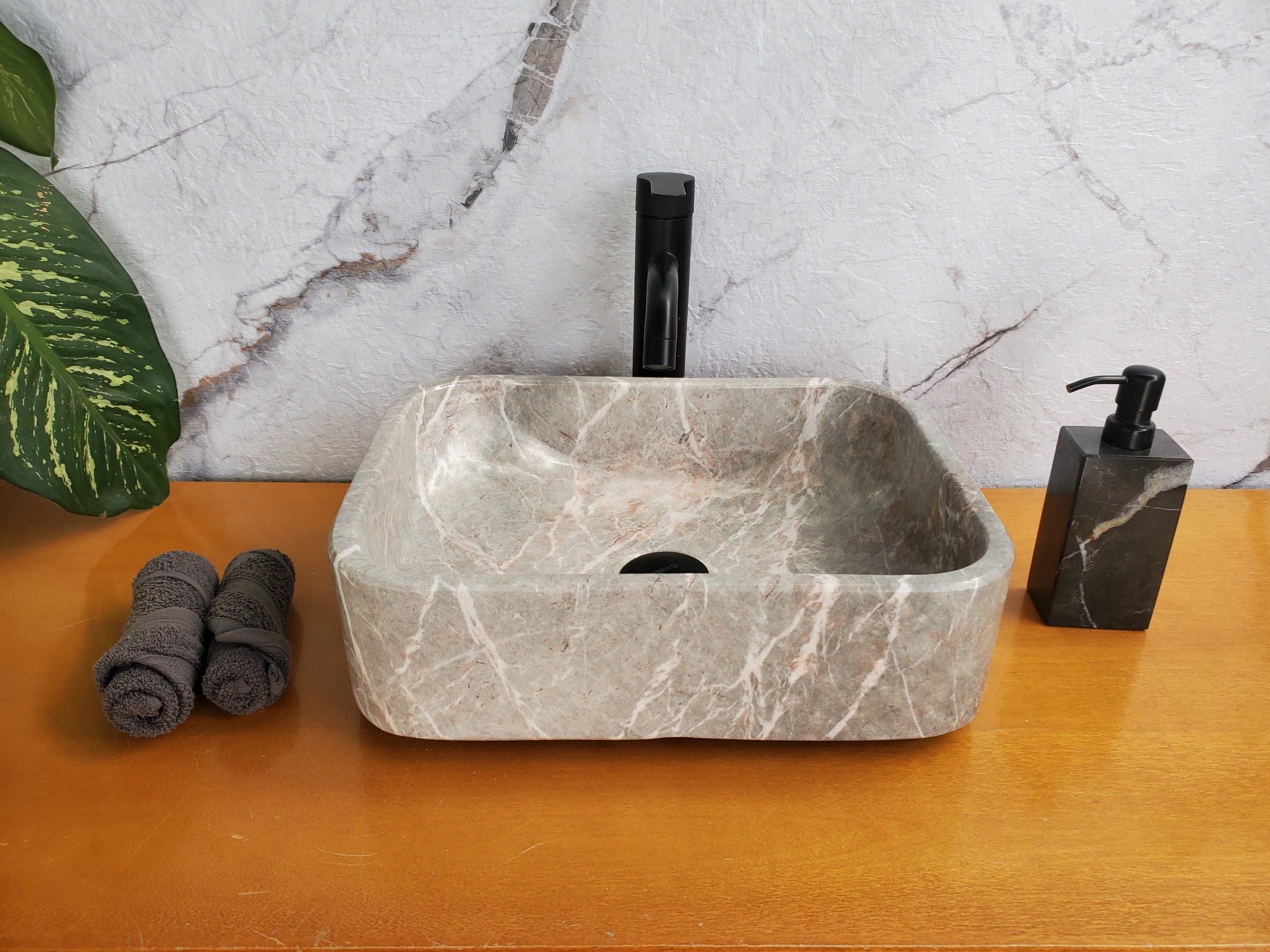 S36_02 Gray Marble Vessel Sink – Rectangular Natural Stone Countertop Sink, 16x12 Inch Bathroom Sinks Featured Marble Sinks Sinks