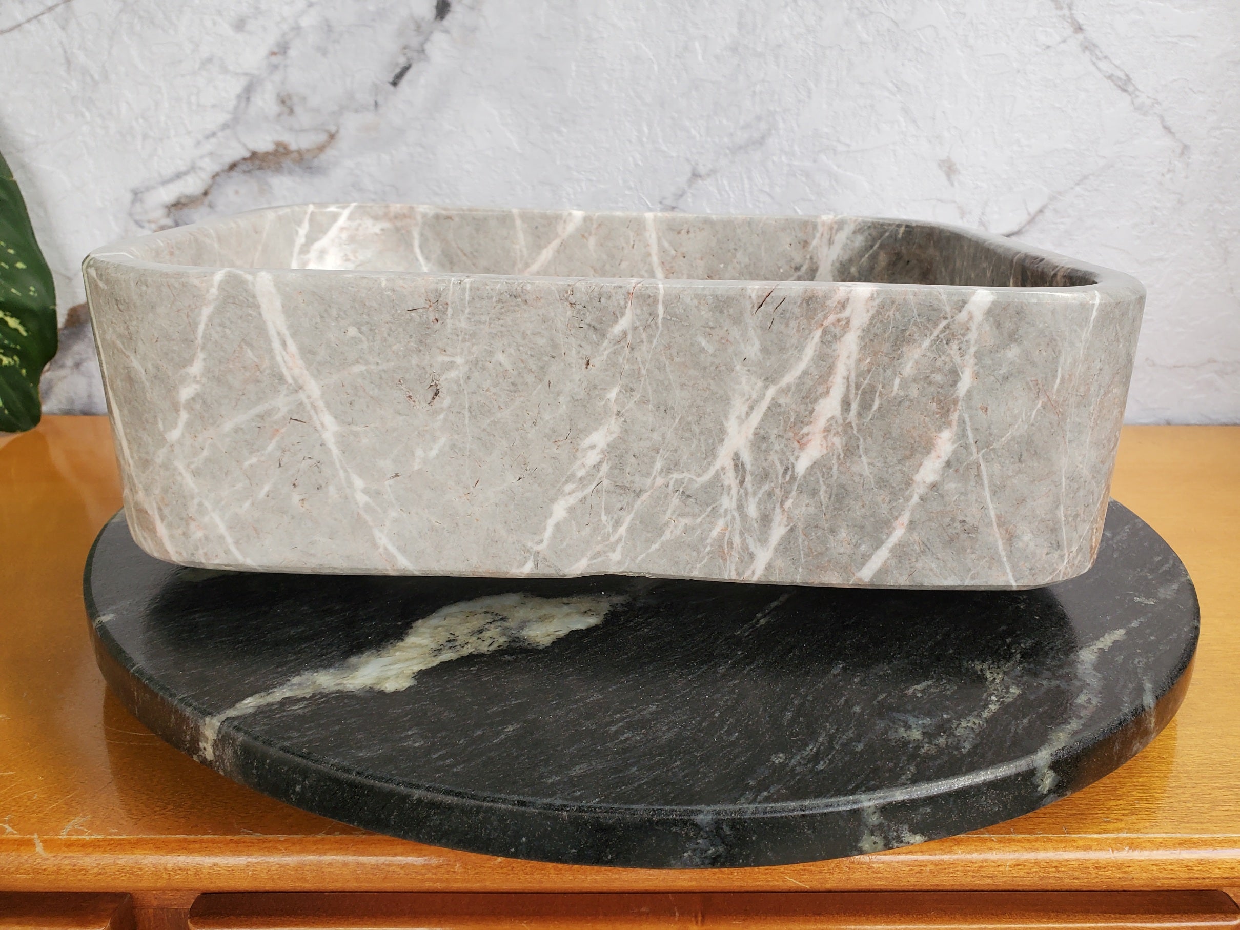 S36_02 Gray Marble Vessel Sink – Rectangular Natural Stone Countertop Sink, 16x12 Inch Bathroom Sinks Featured Marble Sinks Sinks