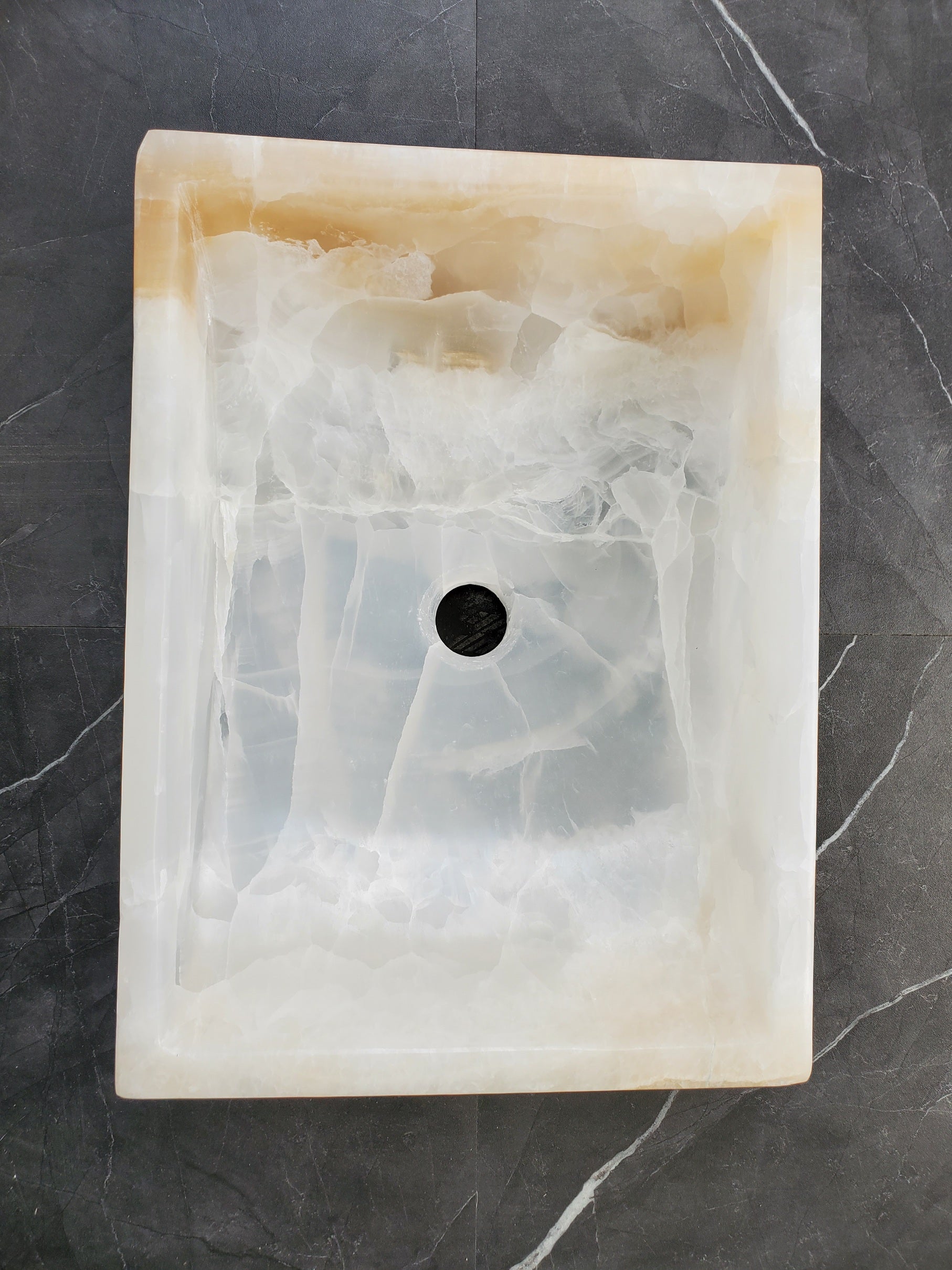 S35_12 White Onyx Marble Vessel Sink – Luxury Natural Stone Countertop Sink, Rectangular Vanity Basin, Spa Bathroom Decor, 17.5x13