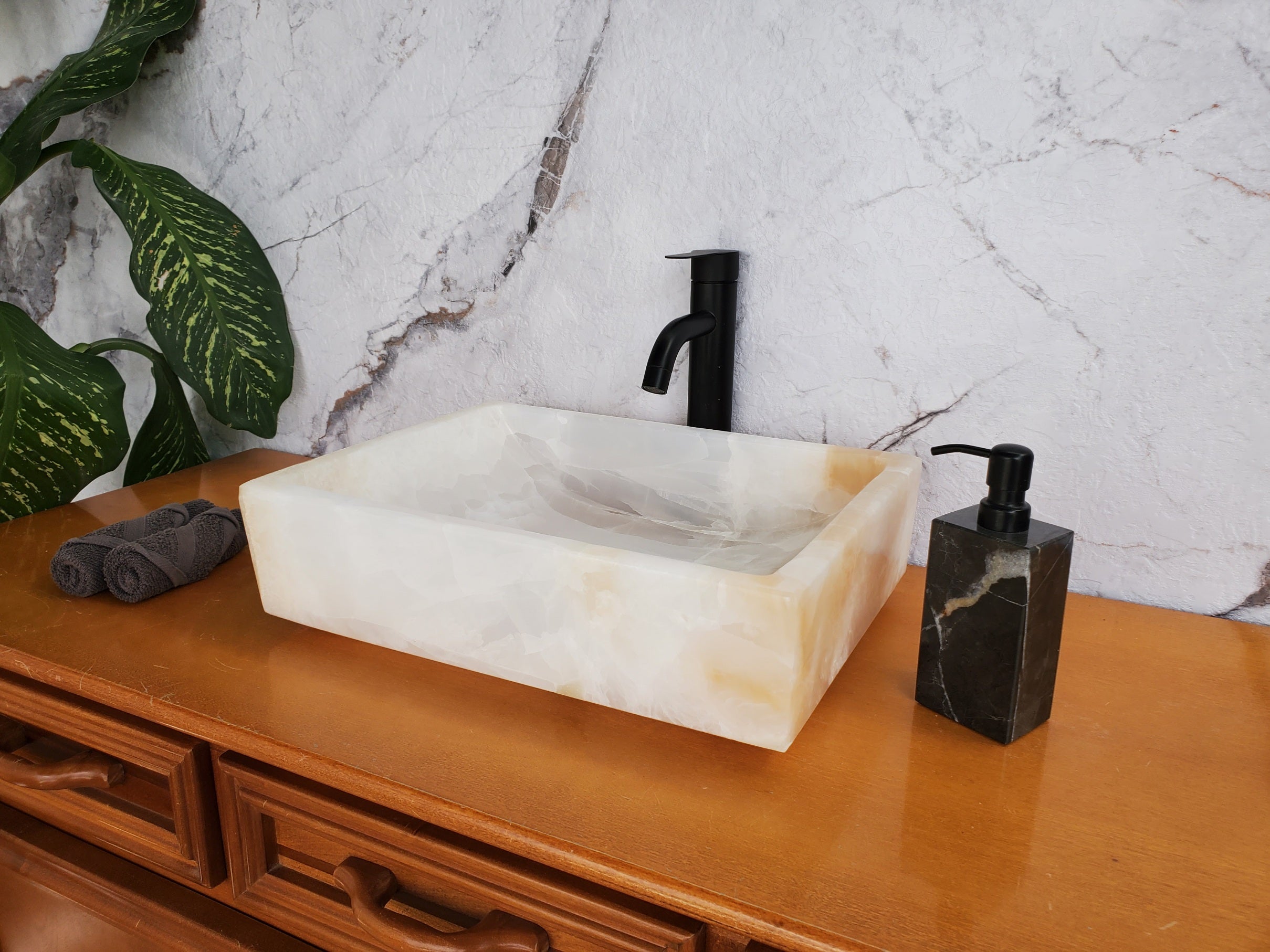 S35_12 White Onyx Marble Vessel Sink – Luxury Natural Stone Countertop Sink, Rectangular Vanity Basin, Spa Bathroom Decor, 17.5x13
