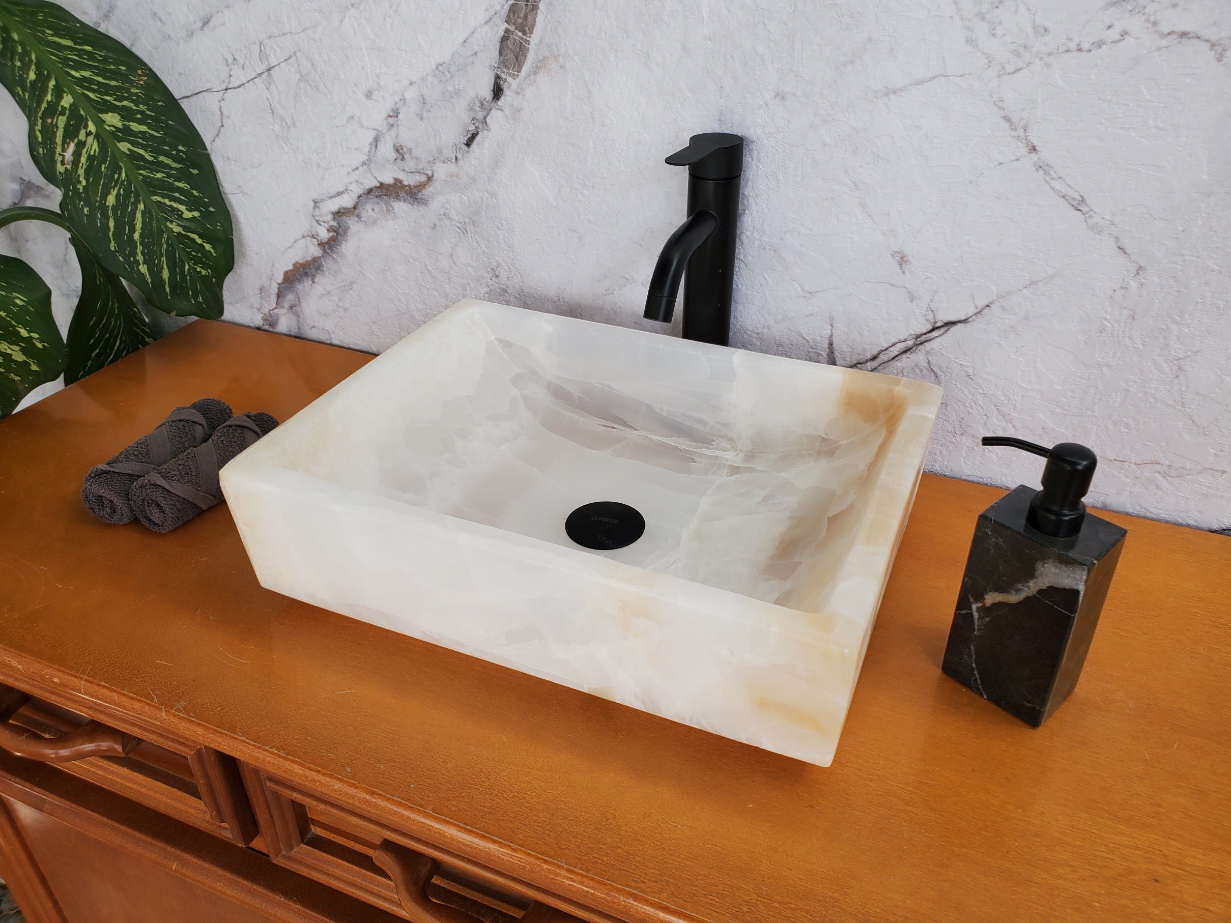 S35_12 White Onyx Marble Vessel Sink – Luxury Natural Stone Countertop Sink, Rectangular Vanity Basin, Spa Bathroom Decor, 17.5x13