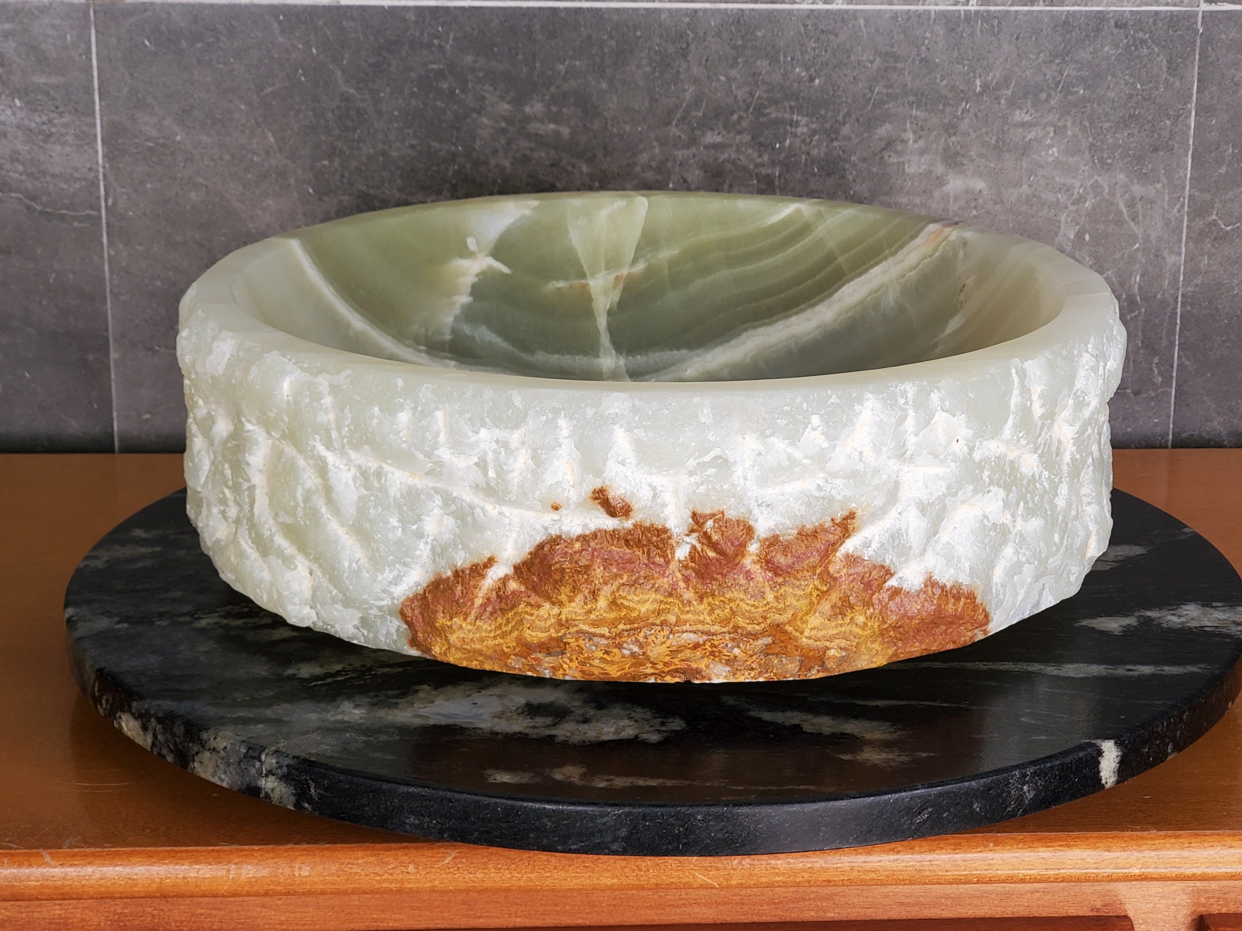 S37_21 Green Onyx Marble Vessel Sink – Natural Stone Countertop Sink, 15.5x15.5 Inch Bathroom Sinks Featured Onyx Sinks Sinks