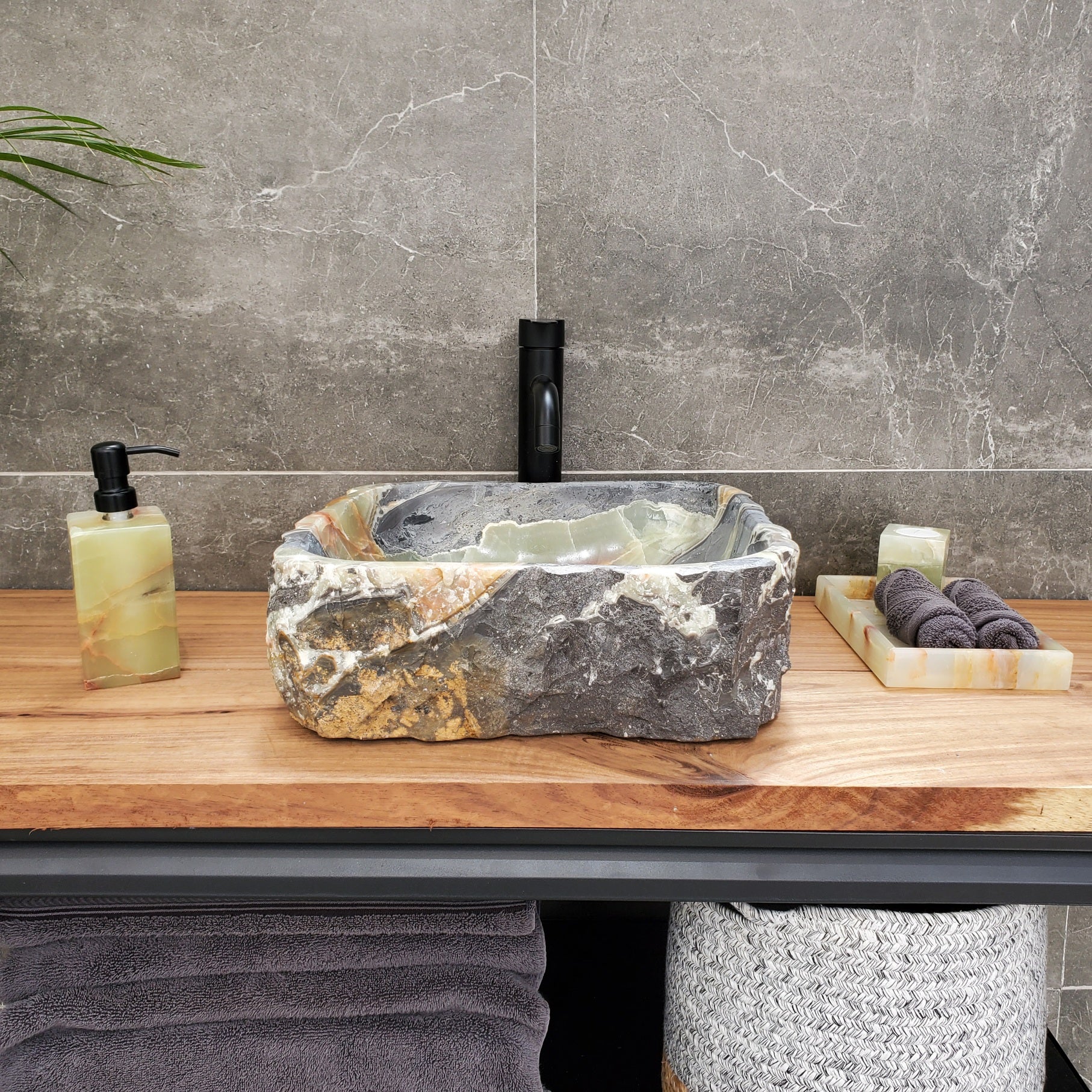 S30_37 Onyx Stone Vessel Bathroom Sink - 15 x 14.5 inch