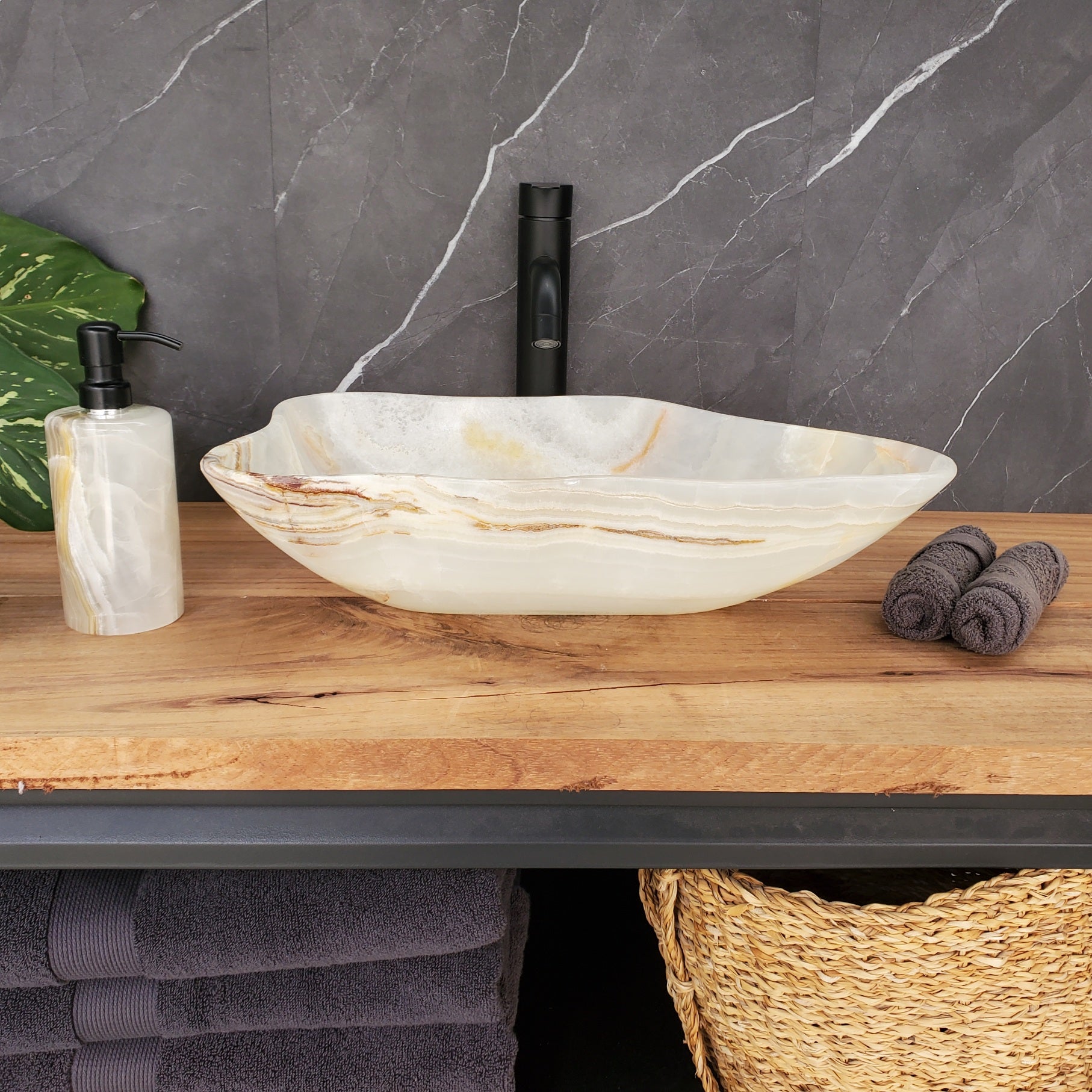 S34_25 Light Onyx Stone Vessel Sink - 19 x 12 inch