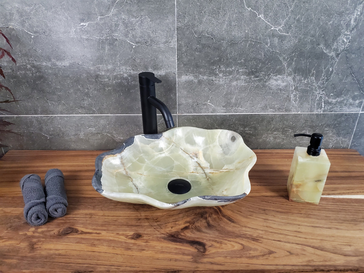 Green Onyx Vessel Sink, Natural Stone Vanity Basin, Polished Bathroom Countertop Sink, Spa Decor 16.5x13 Inch S40_22