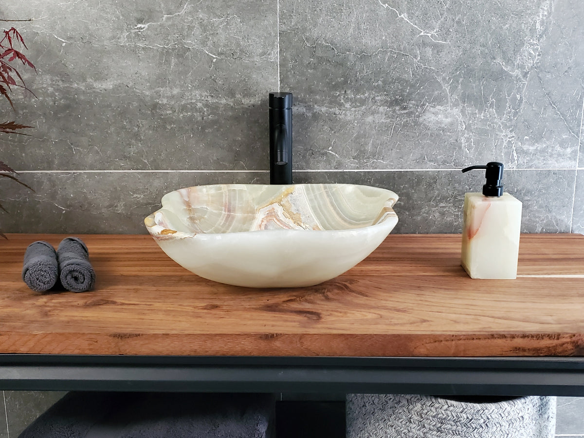 Green Onyx Vessel Sink, 16x14.5 Inch Natural Stone Countertop Basin, Polished Luxury Vanity Sink, Spa Bathroom Decor S40_17