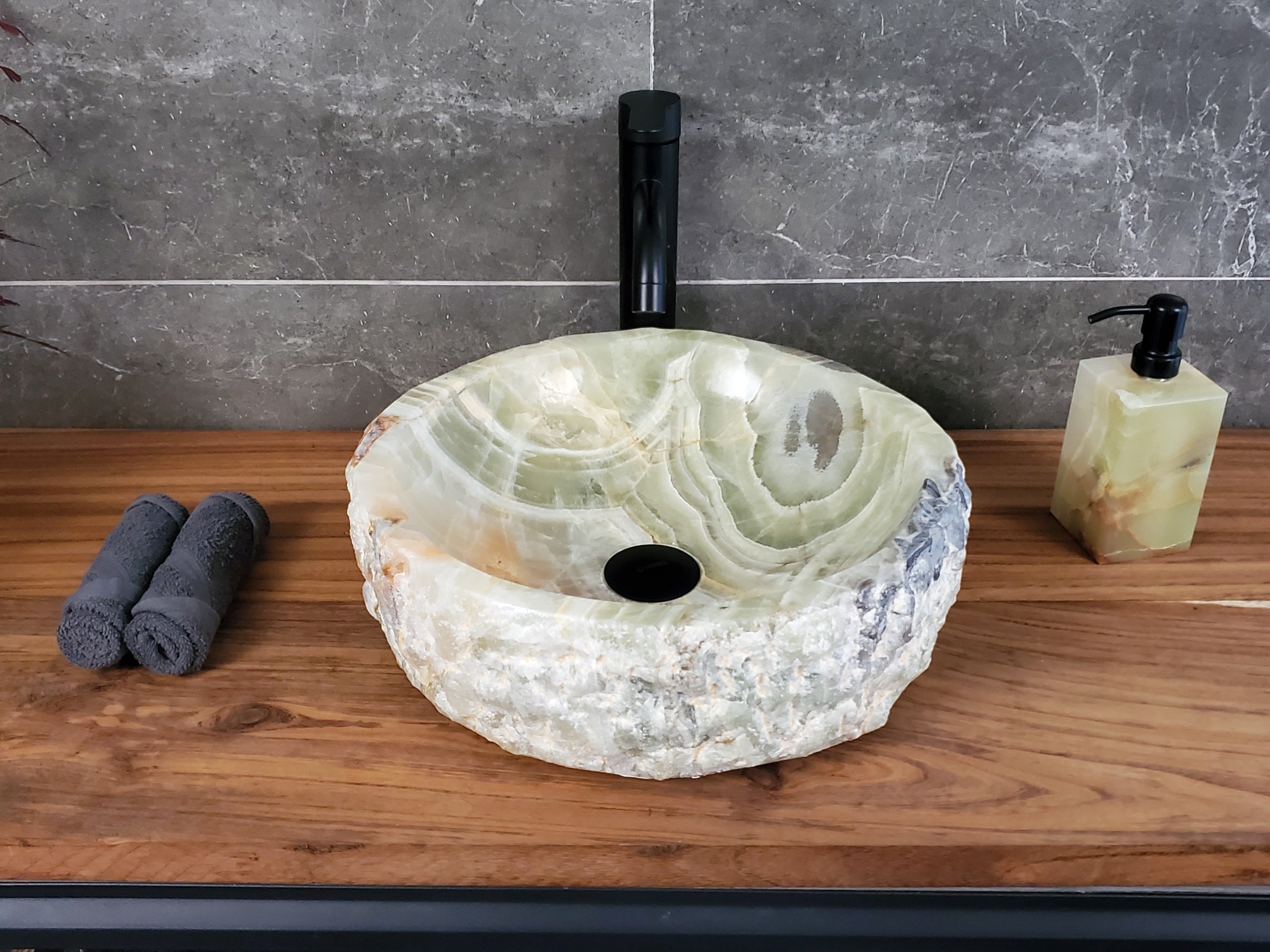 Green Onyx Marble Vessel Sink, Natural Stone Vanity Basin, Polished Bathroom Countertop Sink, Spa Decor 15x15 Inch S40_02 Bathroom Sinks Featured Onyx Sinks