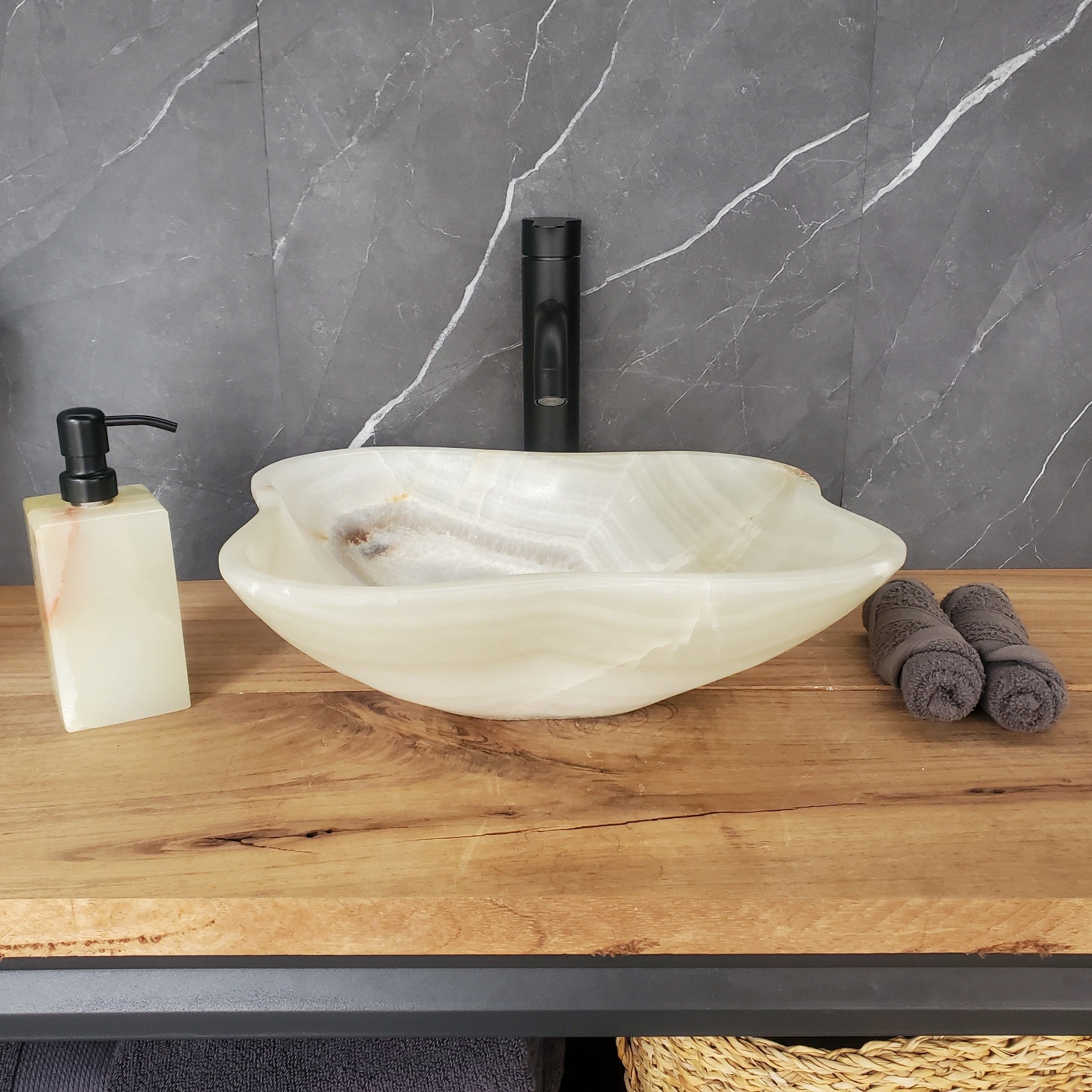 S34_19 Light Green Onyx Bathroom Vessel Sink - 14 x 13 inch