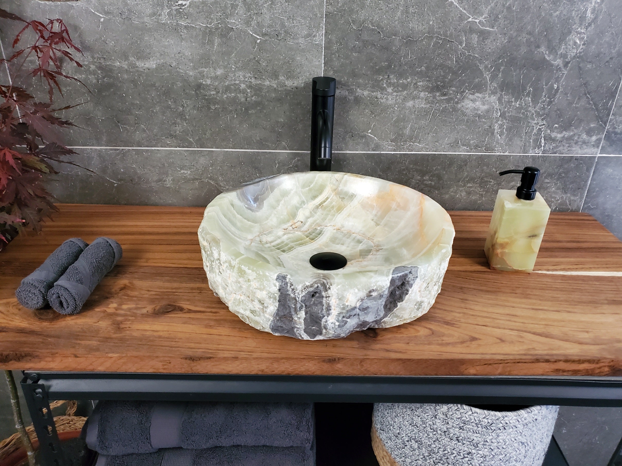 Green Onyx Marble Vessel Sink, 16x16 Inch Natural Stone Countertop Basin, Polished Luxury Vanity Sink, Spa Bathroom Decor S40_03 Bathroom Sinks Featured Onyx Sinks