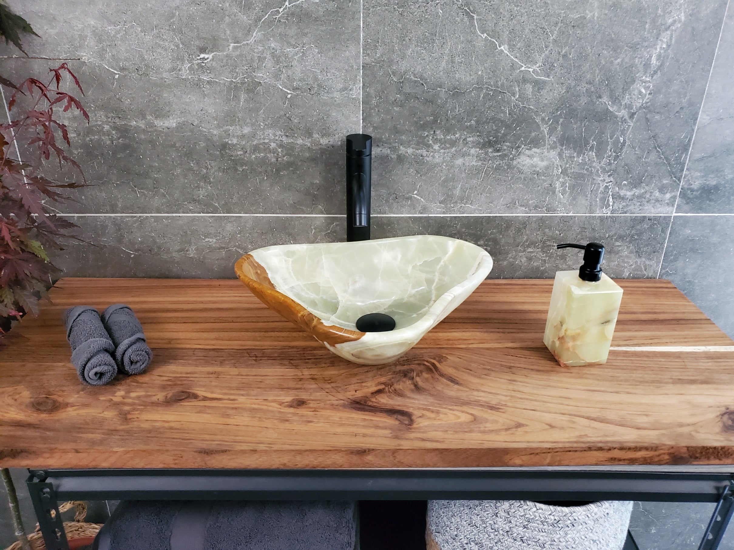 Green Onyx Vessel Sink, Natural Stone Vanity Basin, Polished Bathroom Countertop Sink, Spa Decor 15x12.5 Inch S40_27