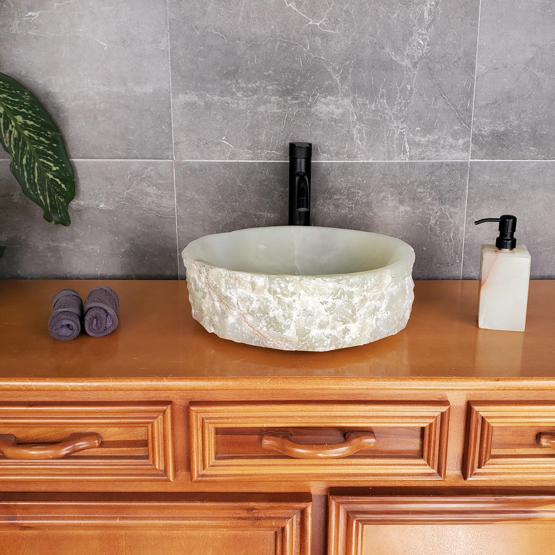 S37_20 Green Onyx Vessel Sink – Natural Stone Countertop Bathroom Sink, 15.5x15.5 Inch Bathroom Sinks Featured Onyx Sinks Sinks