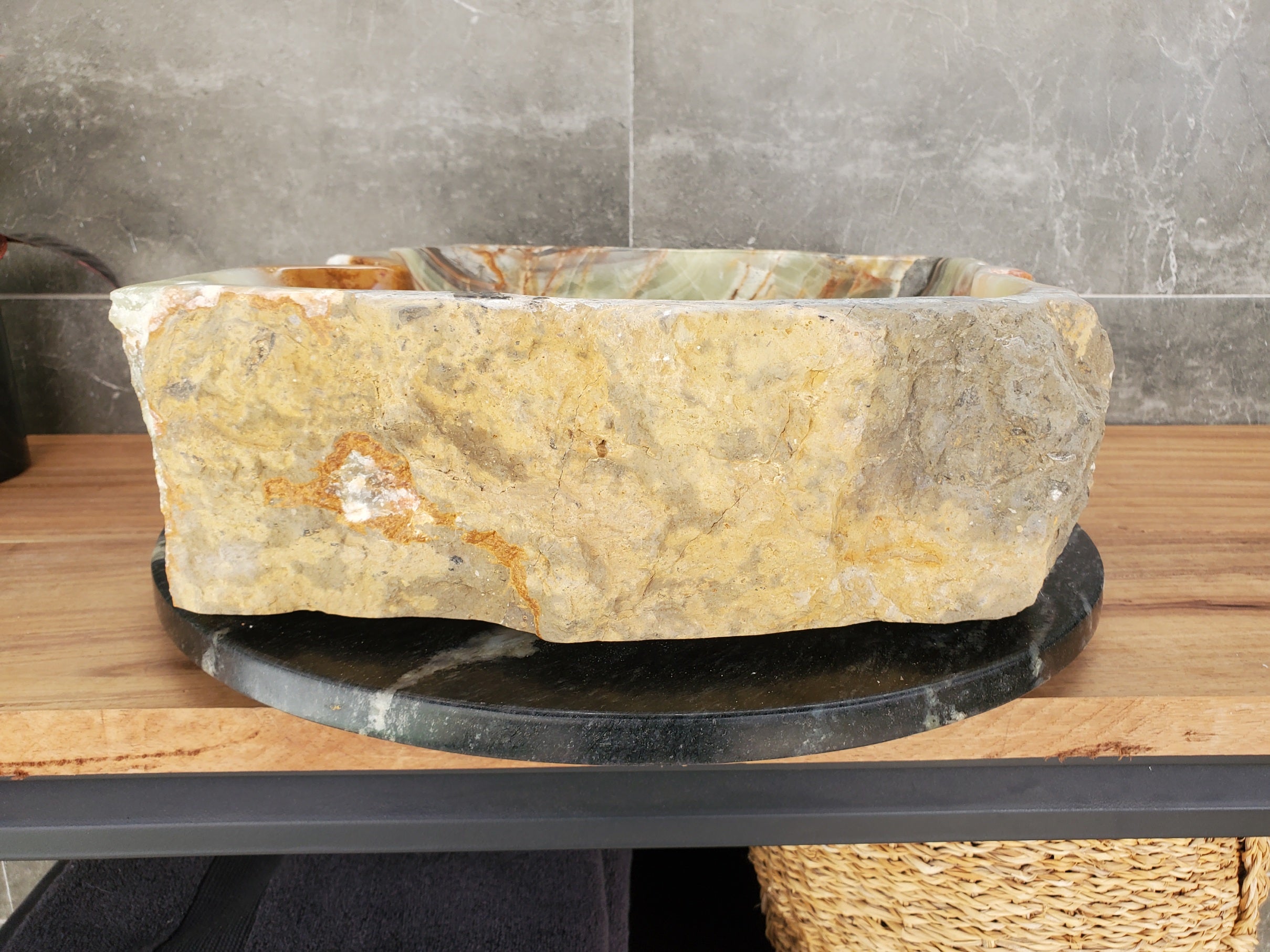 S34_01 Green Onyx Stone Vessel Bathroom Sink - 17 x 15 inch