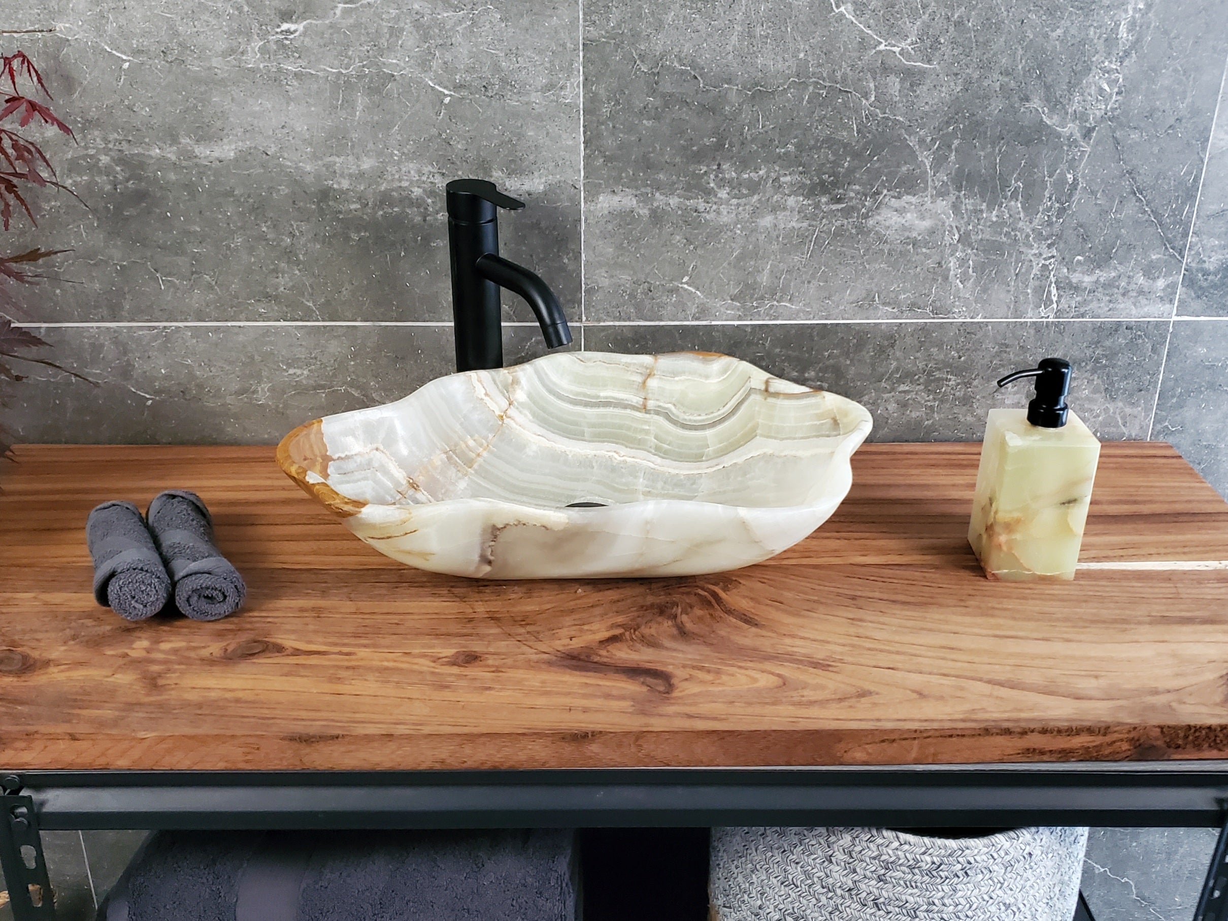 Green Onyx Vessel Sink – Natural Stone Countertop Sink, Polished Vanity Basin, Luxury Spa Bathroom Decor 19.5x13 Inch S40_21