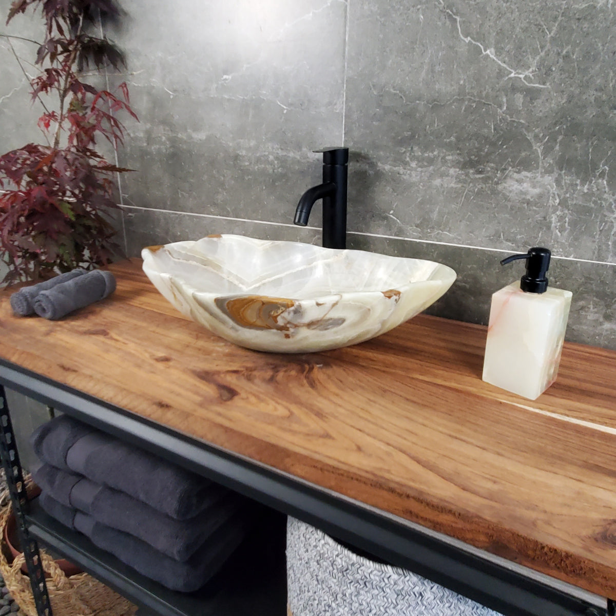 Green Onyx Marble Vessel Sink, Natural Stone Vanity Basin, Polished Bathroom Countertop Sink, Spa Decor 20x13 Inch S40_10 Bathroom Sinks Featured Onyx Sinks Sinks