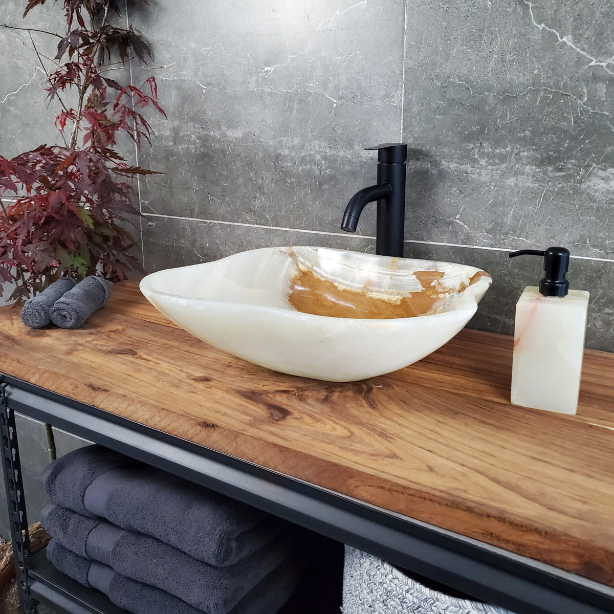 Green Onyx Marble Vessel Sink, 17x15 Inch Natural Stone Countertop Basin, Polished Luxury Vanity Sink, Spa Bathroom Decor S40_11 Bathroom Sinks Featured Onyx Sinks Sinks