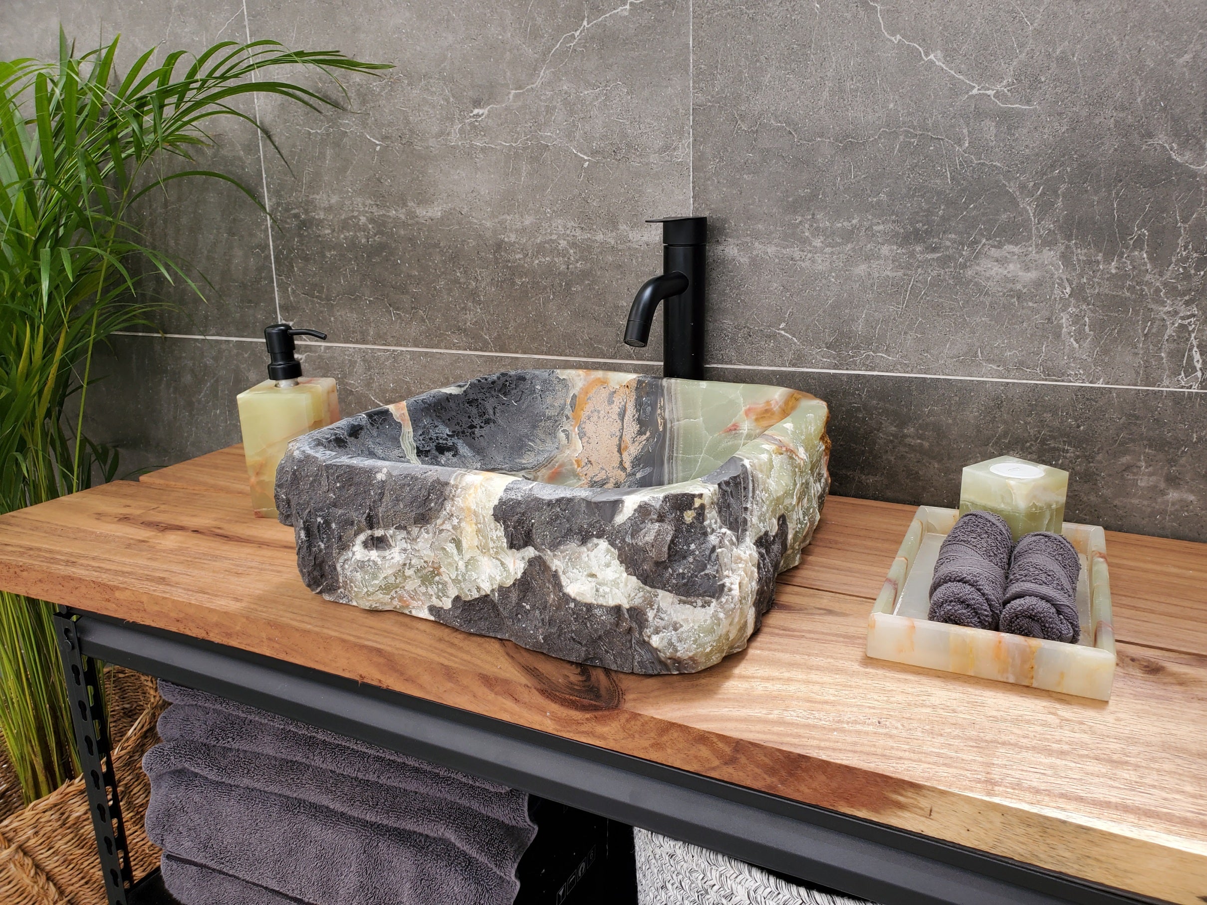 S30_36 Onyx Stone Vessel Bathroom Sink - 15.5 x 14.5