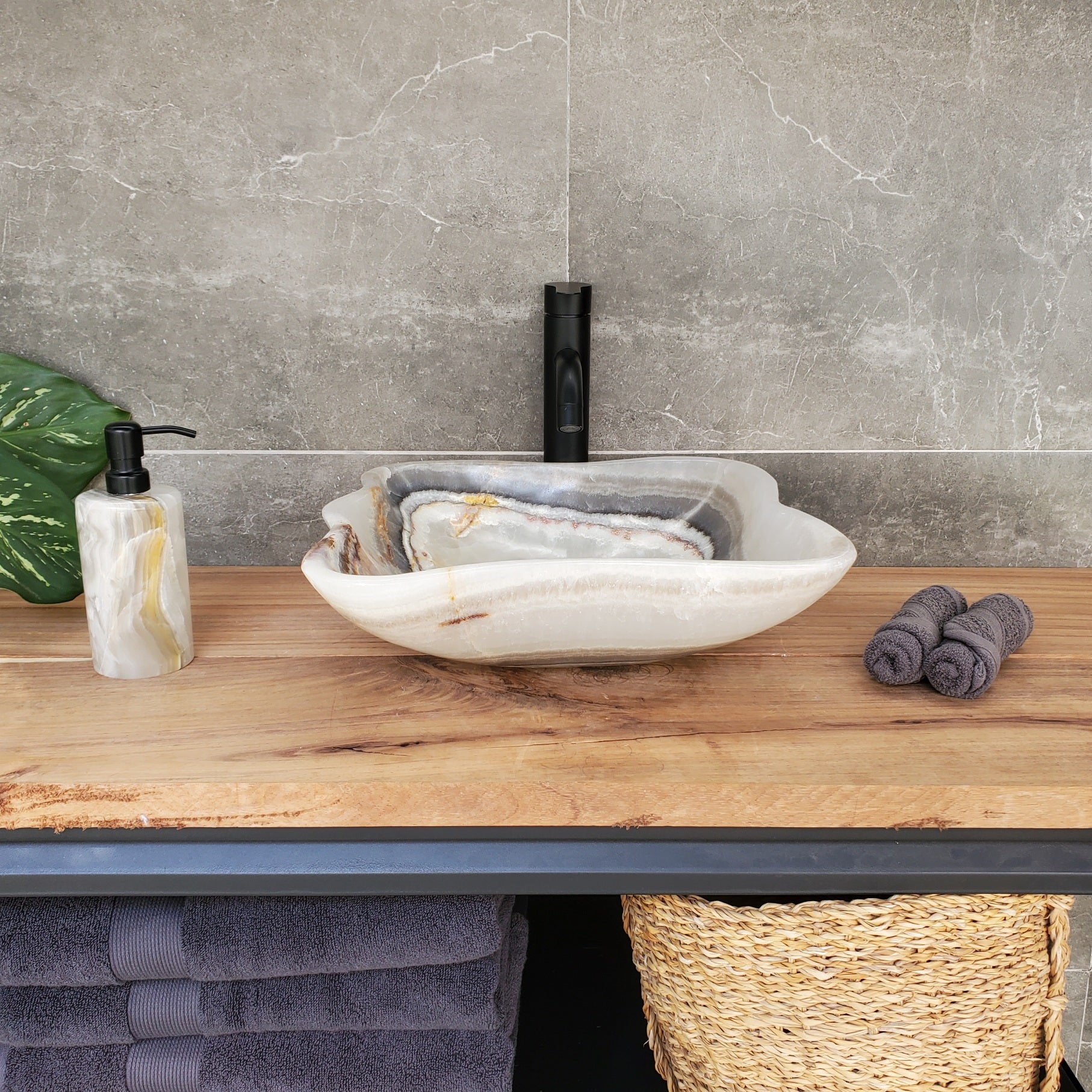 S34_16 Onyx Stone Vessel Bathroom Sink - 15.3 x 14 inch