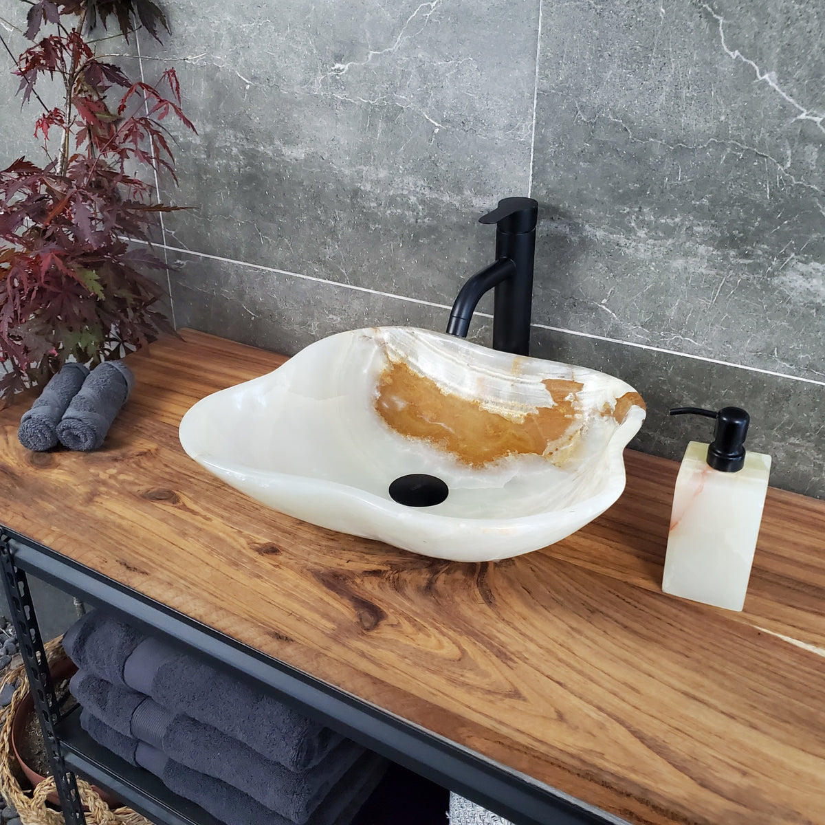 Green Onyx Marble Vessel Sink, 17x15 Inch Natural Stone Countertop Basin, Polished Luxury Vanity Sink, Spa Bathroom Decor S40_11 Bathroom Sinks Featured Onyx Sinks Sinks