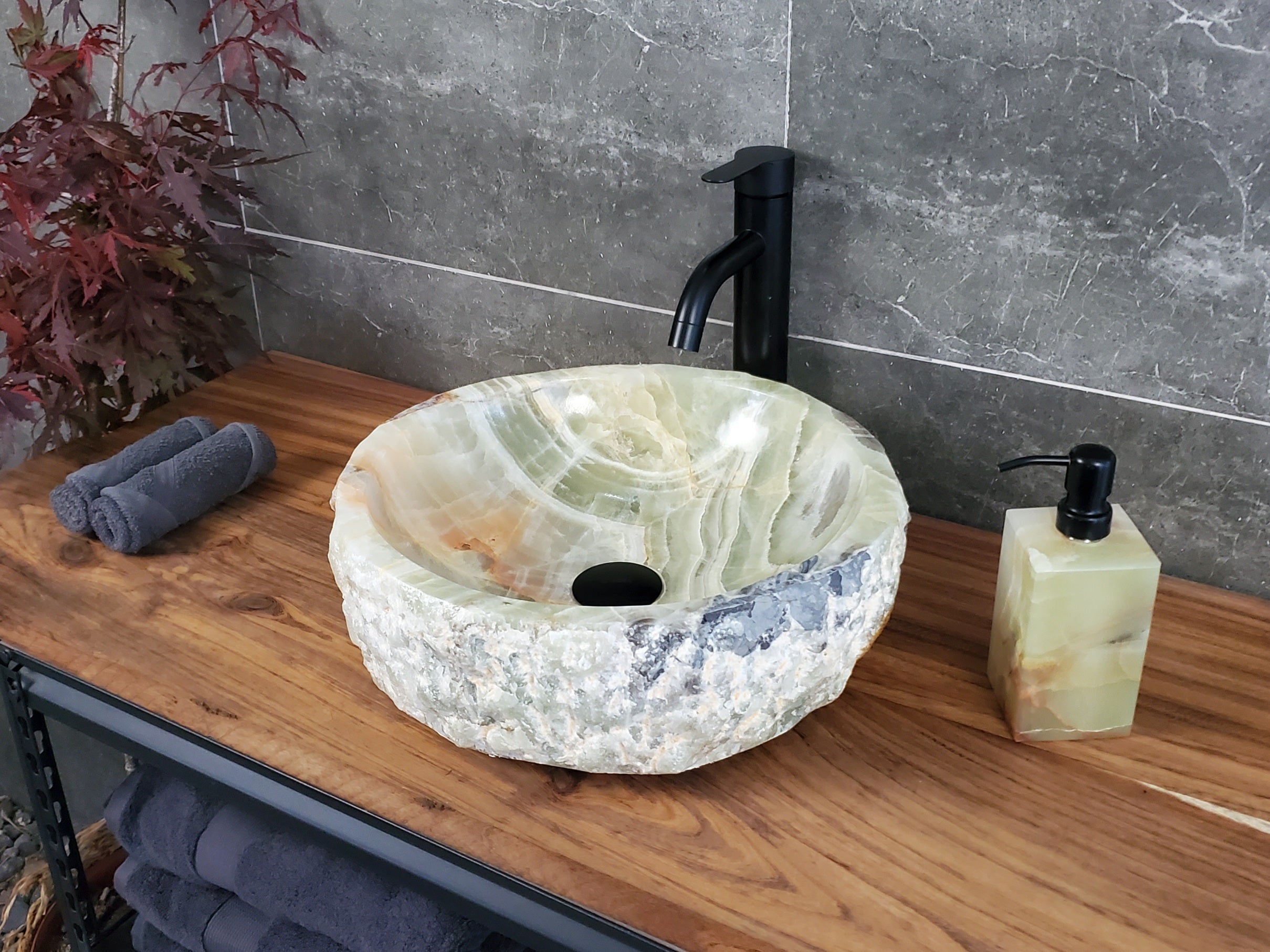 Green Onyx Marble Vessel Sink, Natural Stone Vanity Basin, Polished Bathroom Countertop Sink, Spa Decor 15x15 Inch S40_02 Bathroom Sinks Featured Onyx Sinks