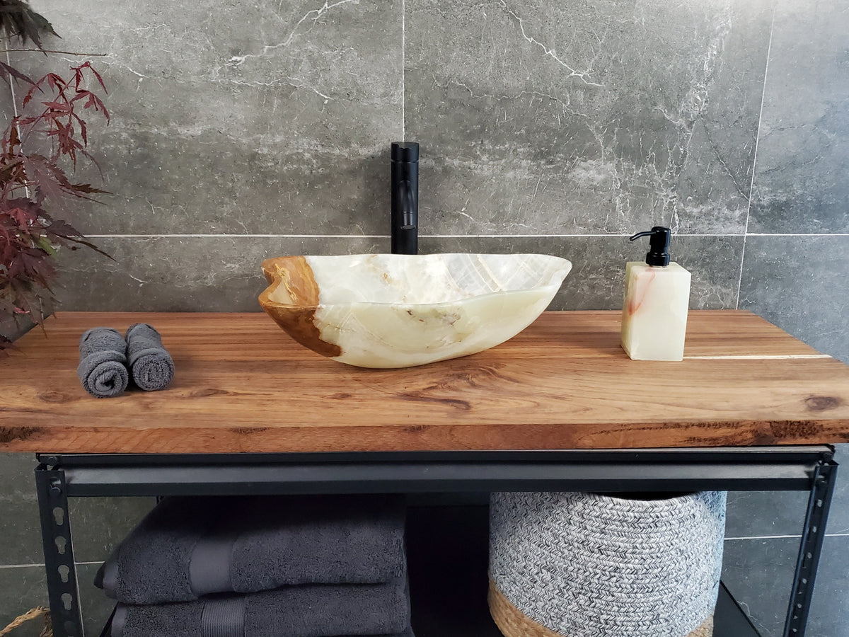Green Onyx Vessel Sink, Natural Stone Vanity Basin, Polished Bathroom Countertop Sink, Spa Decor 18.5x13 Inch S40_24