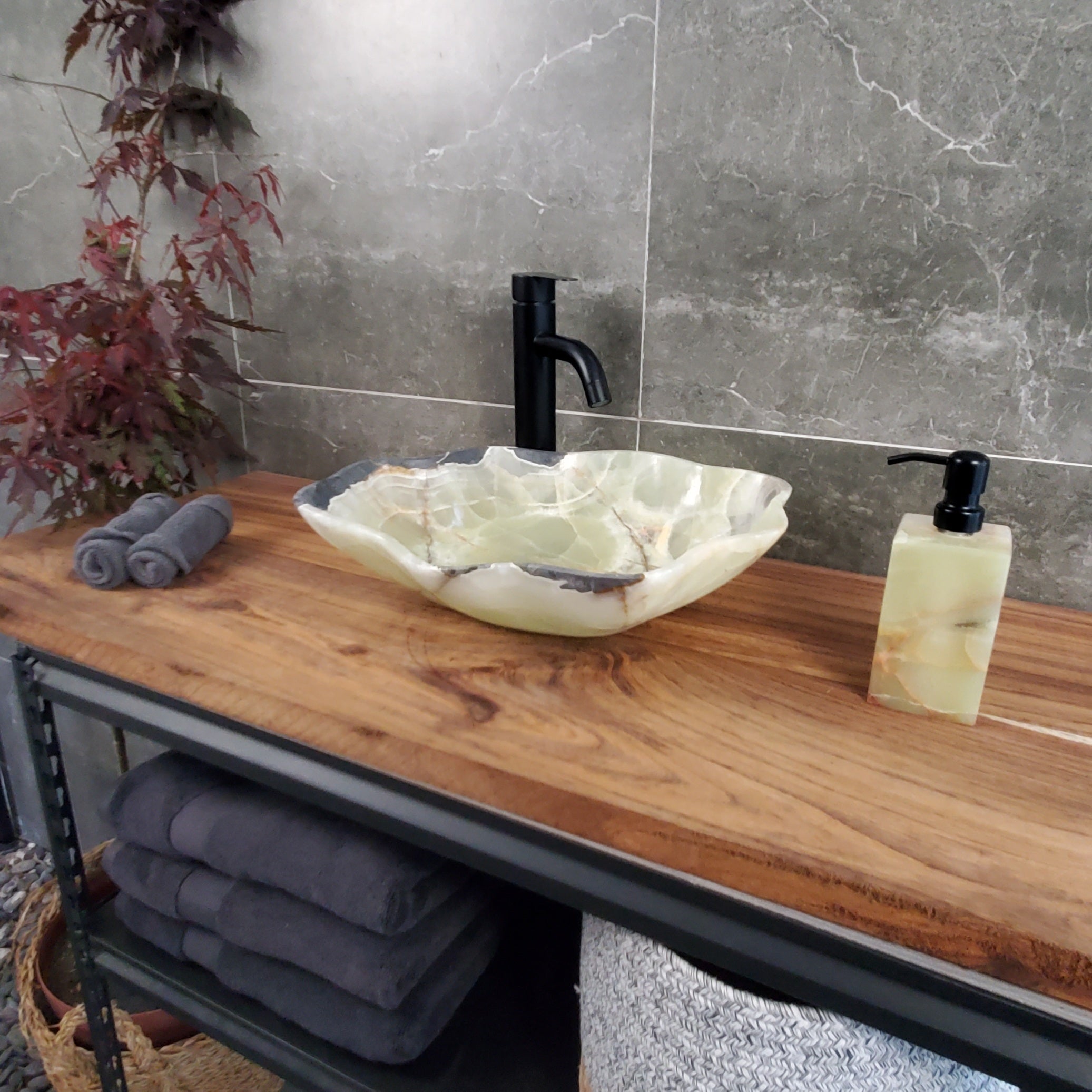 Green Onyx Vessel Sink, Natural Stone Vanity Basin, Polished Bathroom Countertop Sink, Spa Decor 16.5x13 Inch S40_22