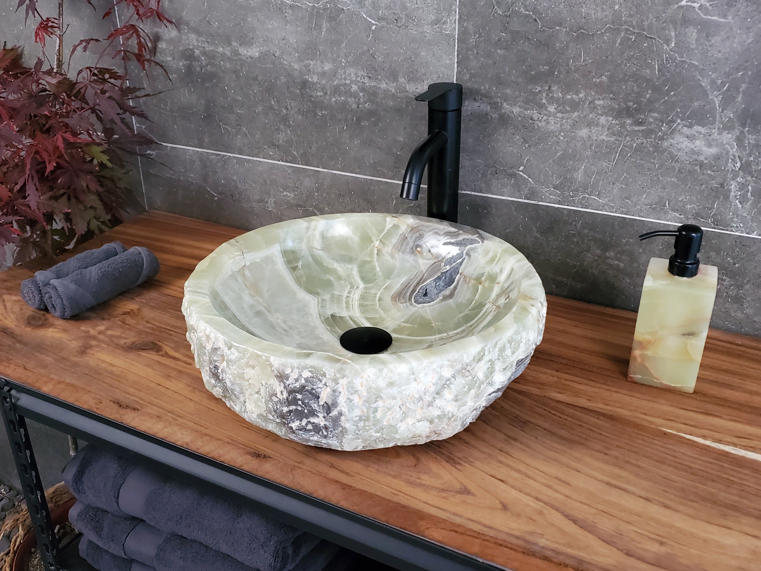 Green Onyx Marble Vessel Sink, Natural Stone Vanity Basin, Polished Bathroom Countertop Sink, Spa Decor 16x16 Inch S40_01 Bathroom Sinks Featured Onyx Sinks