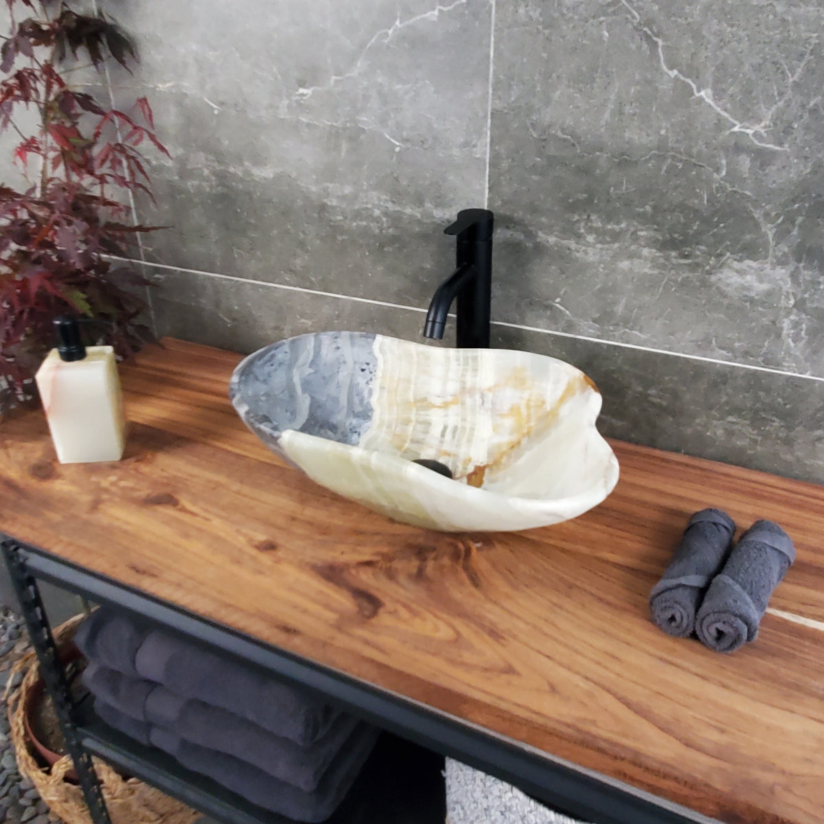 Green Onyx Marble Vessel Sink – Natural Stone Countertop Sink, Polished Vanity Basin, Luxury Spa Bathroom Decor 18x12.5 Inch S40_12 Bathroom Sinks Featured Onyx Sinks Sinks