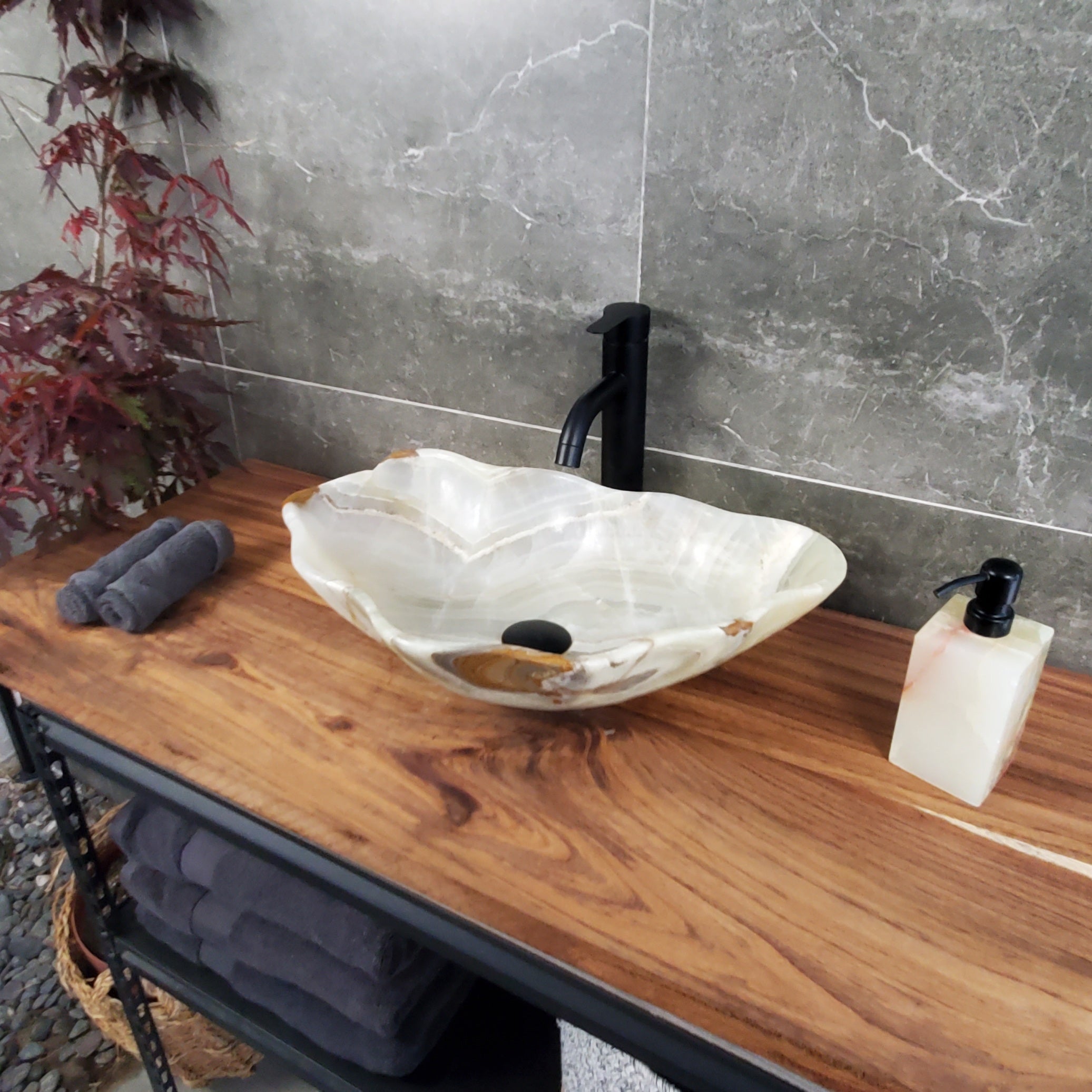 Green Onyx Marble Vessel Sink, Natural Stone Vanity Basin, Polished Bathroom Countertop Sink, Spa Decor 20x13 Inch S40_10 Bathroom Sinks Featured Onyx Sinks Sinks
