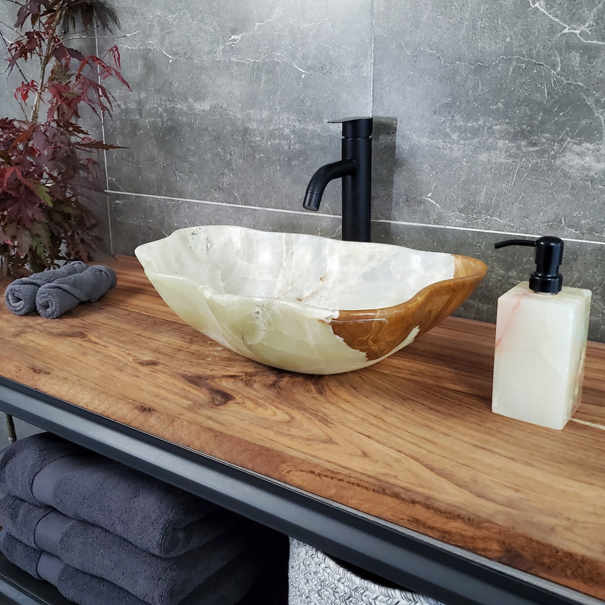 Green Onyx Marble Vessel Sink – Natural Stone Countertop Sink, Polished Vanity Basin, Luxury Spa Bathroom Decor 19x13 Inch S40_09 Bathroom Sinks Featured Onyx Sinks Sinks