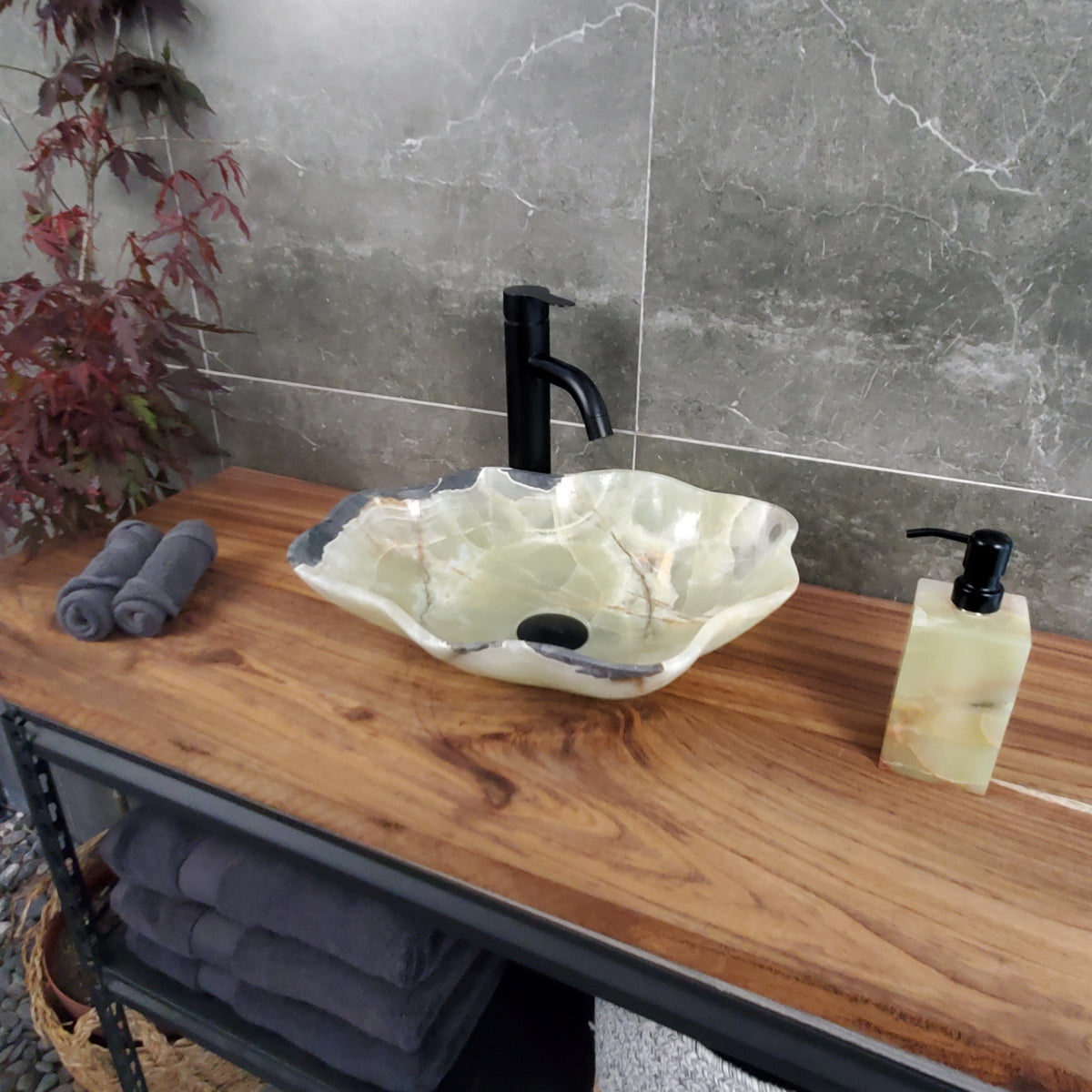 Green Onyx Vessel Sink, Natural Stone Vanity Basin, Polished Bathroom Countertop Sink, Spa Decor 16.5x13 Inch S40_22