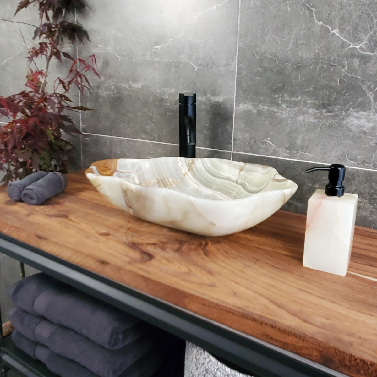 Green Onyx Vessel Sink – Natural Stone Countertop Sink, Polished Vanity Basin, Luxury Spa Bathroom Decor 19.5x13 Inch S40_21
