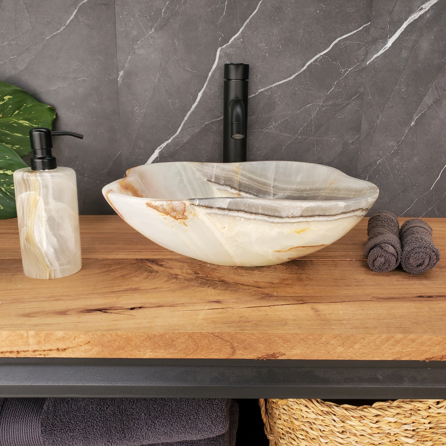 S34_21 Light Onyx Stone Vessel Sink- 14.5 x 13 inch