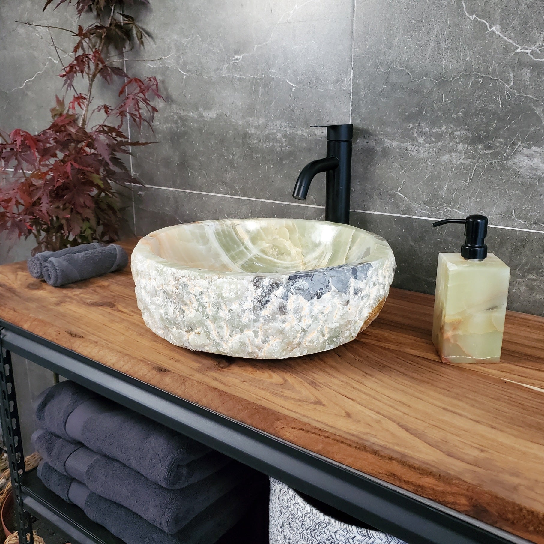 Green Onyx Marble Vessel Sink, Natural Stone Vanity Basin, Polished Bathroom Countertop Sink, Spa Decor 15x15 Inch S40_02 Bathroom Sinks Featured Onyx Sinks