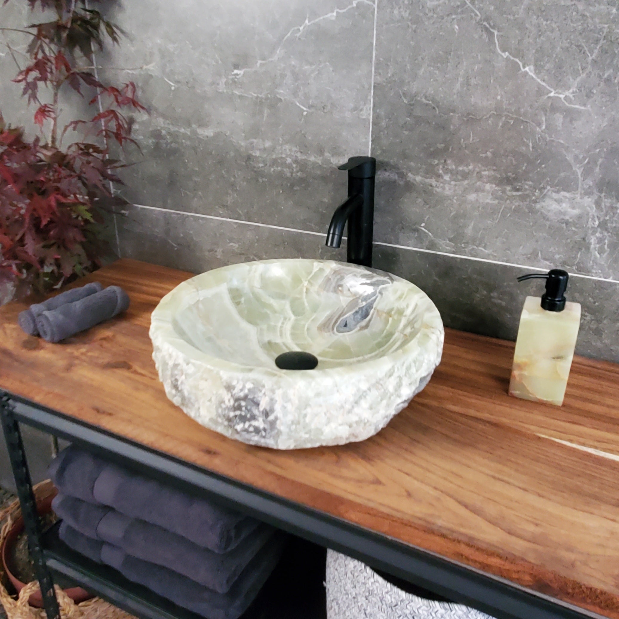 Green Onyx Marble Vessel Sink, Natural Stone Vanity Basin, Polished Bathroom Countertop Sink, Spa Decor 16x16 Inch S40_01 Bathroom Sinks Featured Onyx Sinks