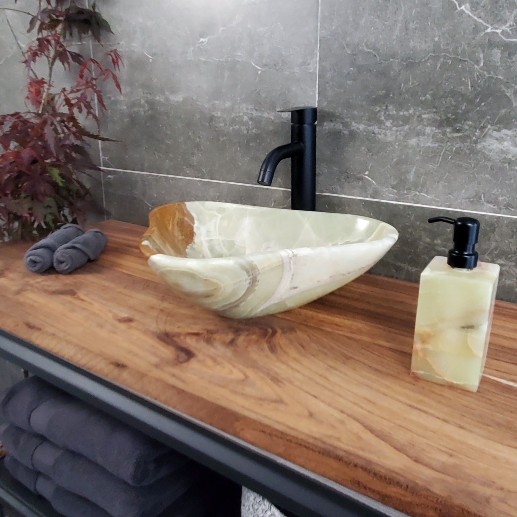 Green Onyx Vessel Sink, Natural Stone Vanity Basin, Polished Bathroom Countertop Sink, Spa Decor 15x12.5 Inch S40_27