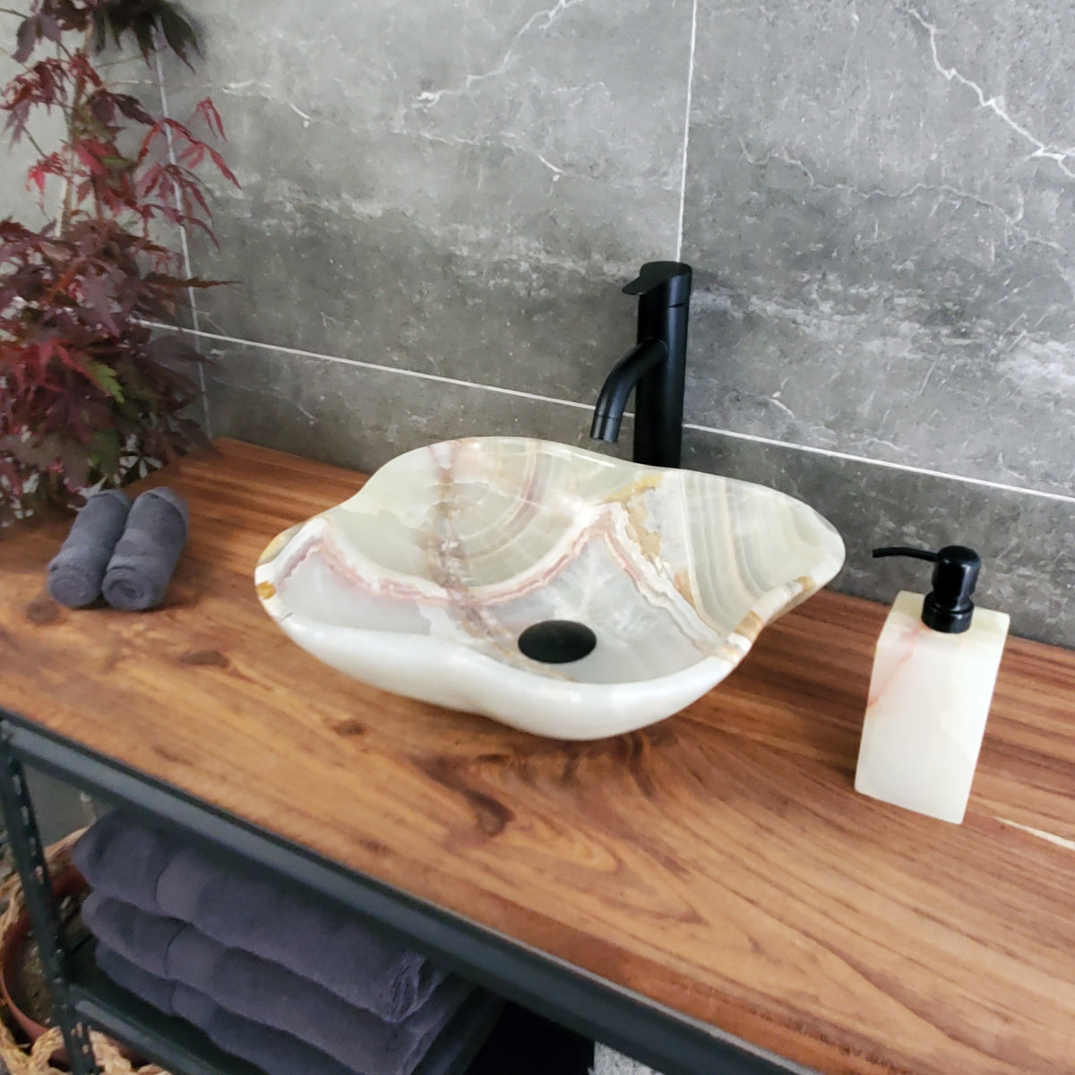 Green Onyx Vessel Sink, 16x14.5 Inch Natural Stone Countertop Basin, Polished Luxury Vanity Sink, Spa Bathroom Decor S40_17